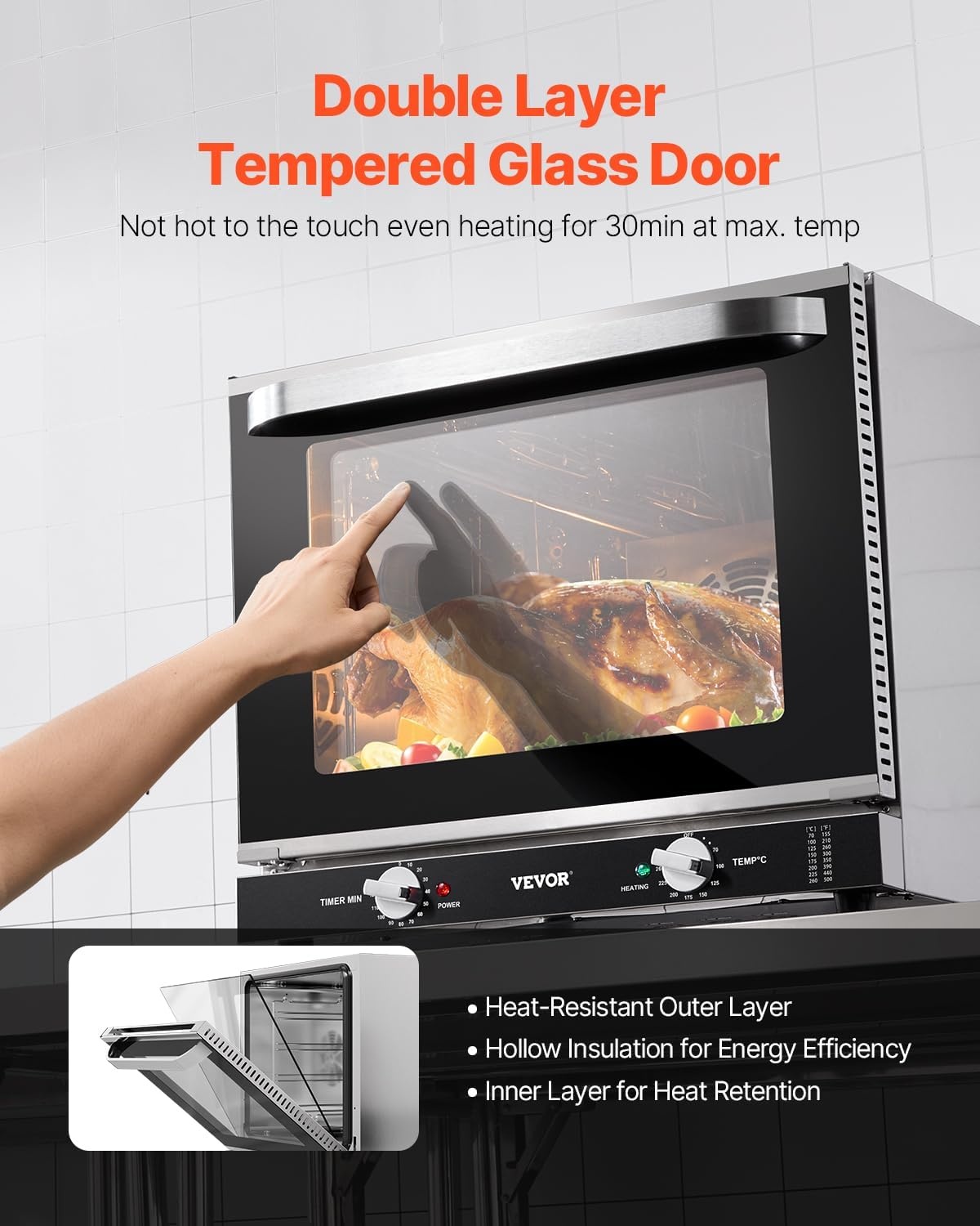 image:imageVEVOR Commercial Convection Oven 21L19Qt QuarterSize Conventional Oven Countertop 1440W 3Tier Toaster wFront Glass Door Electric Baking Oven wTrays Wire Racks Clip Gloves 120V4Tier 66L 2800W