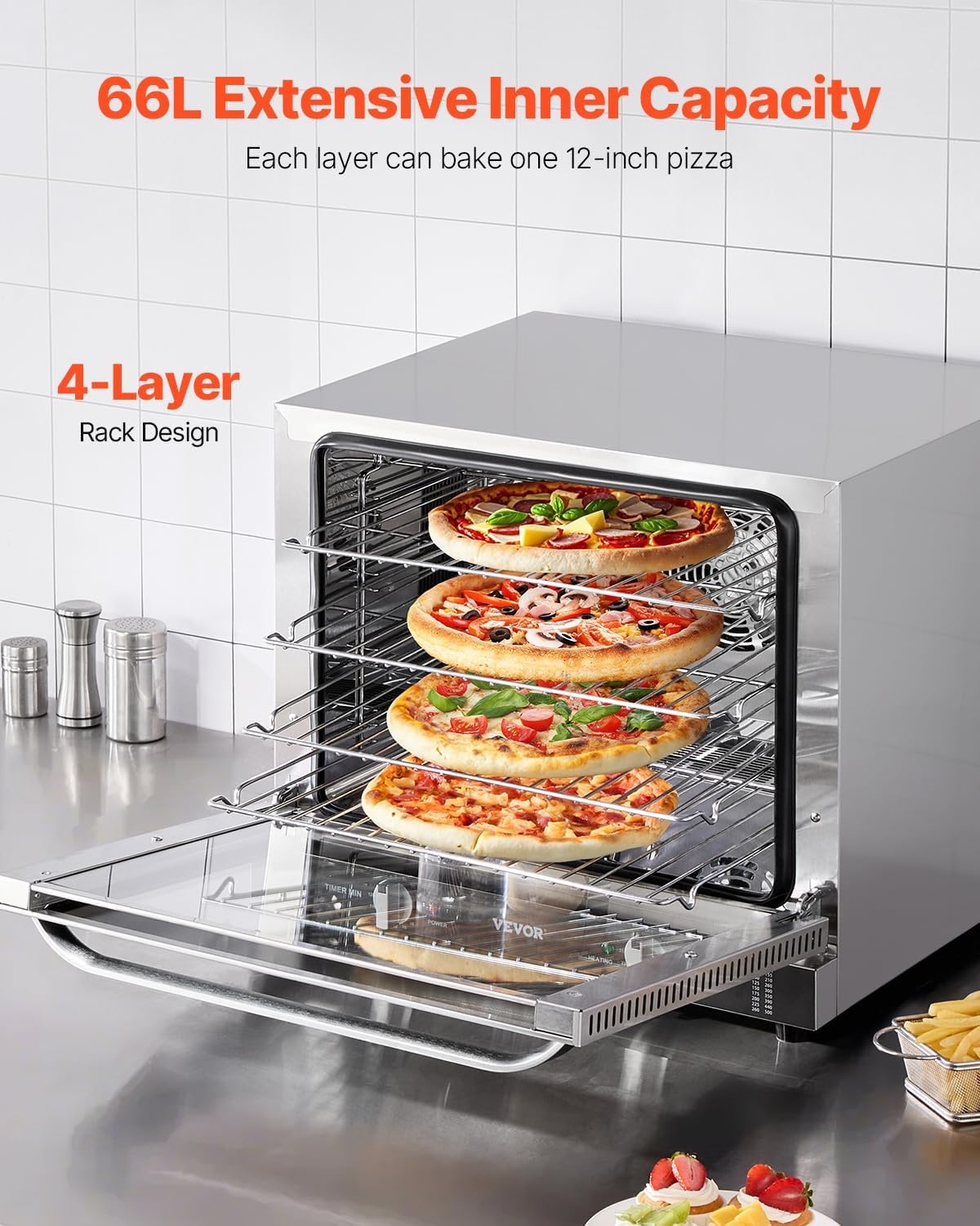 image:imageVEVOR Commercial Convection Oven 21L19Qt QuarterSize Conventional Oven Countertop 1440W 3Tier Toaster wFront Glass Door Electric Baking Oven wTrays Wire Racks Clip Gloves 120V4Tier 66L 2800W