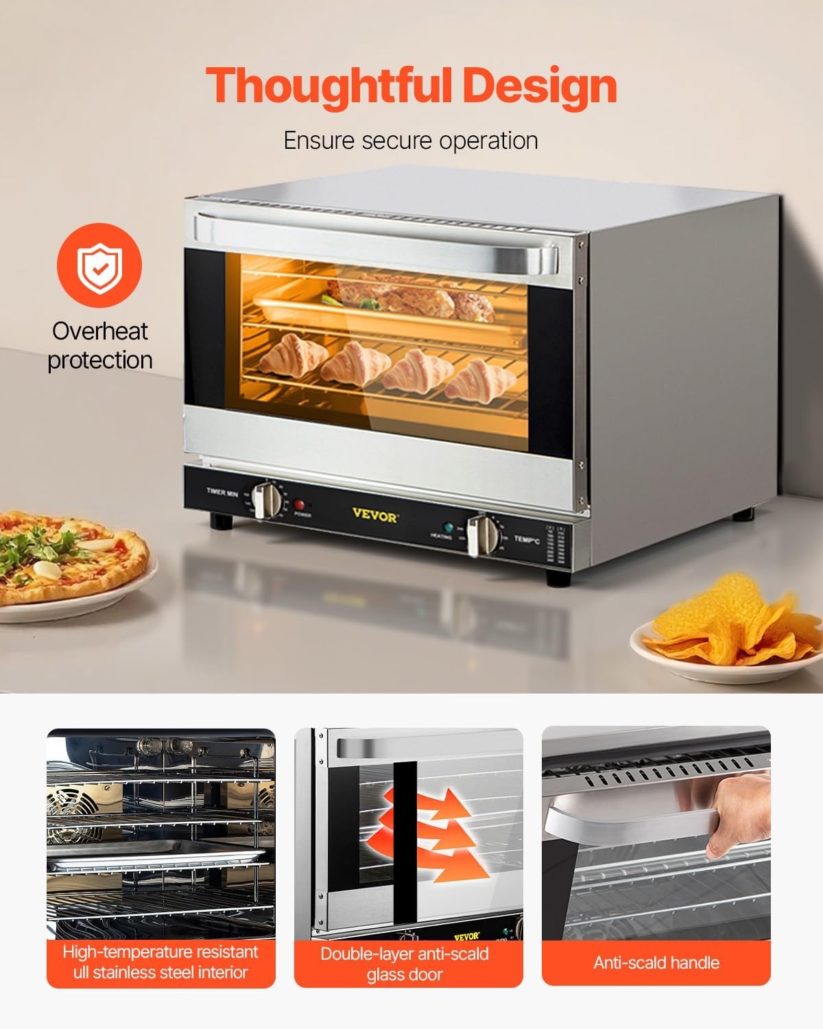image:imageVEVOR Commercial Convection Oven 21L19Qt QuarterSize Conventional Oven Countertop 1440W 3Tier Toaster wFront Glass Door Electric Baking Oven wTrays Wire Racks Clip Gloves 120V3Tier 19Qt