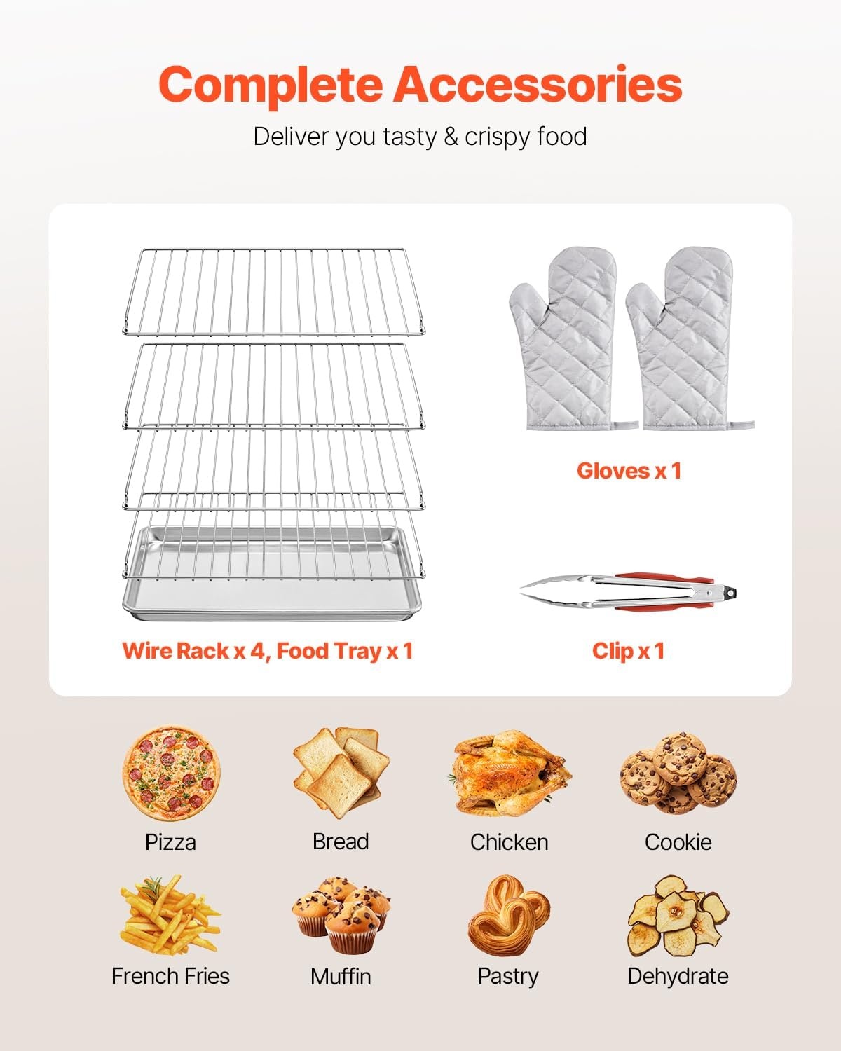 image:imageVEVOR Commercial Convection Oven 21L19Qt QuarterSize Conventional Oven Countertop 1440W 3Tier Toaster wFront Glass Door Electric Baking Oven wTrays Wire Racks Clip Gloves 120V4Tier 66L 2800W
