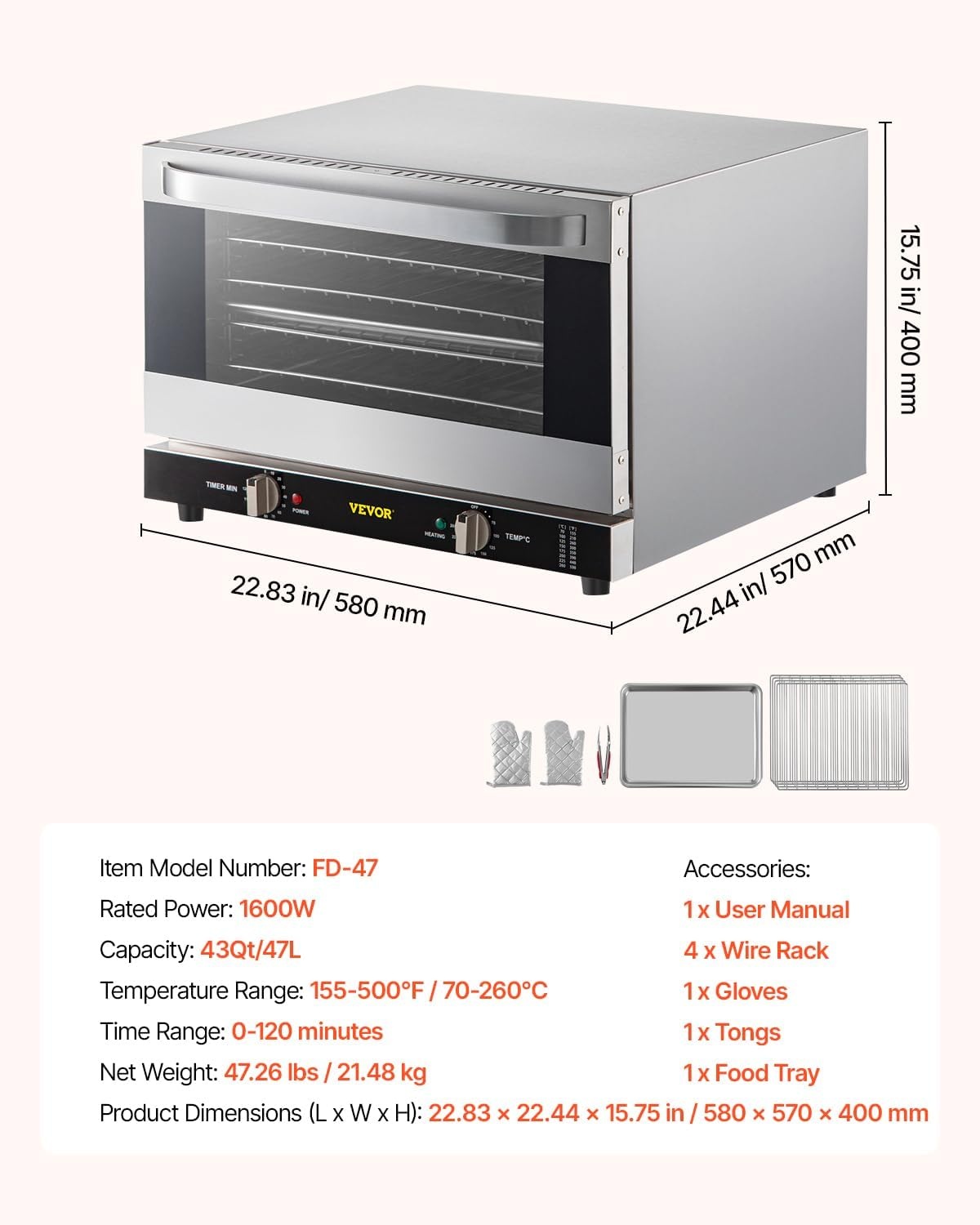image:imageVEVOR Commercial Convection Oven 21L19Qt QuarterSize Conventional Oven Countertop 1440W 3Tier Toaster wFront Glass Door Electric Baking Oven wTrays Wire Racks Clip Gloves 120V4Tier 43Qt