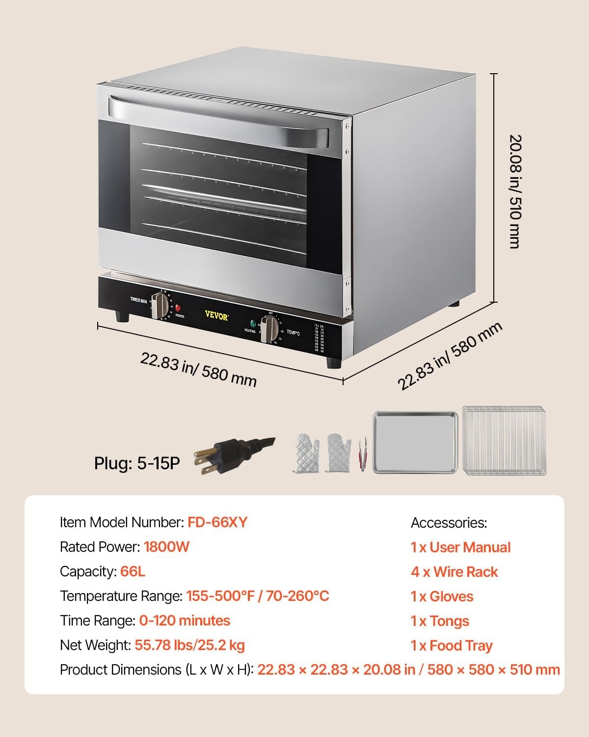 image:imageVEVOR Commercial Convection Oven 21L19Qt QuarterSize Conventional Oven Countertop 1440W 3Tier Toaster wFront Glass Door Electric Baking Oven wTrays Wire Racks Clip Gloves 120V4Tier 60Qt