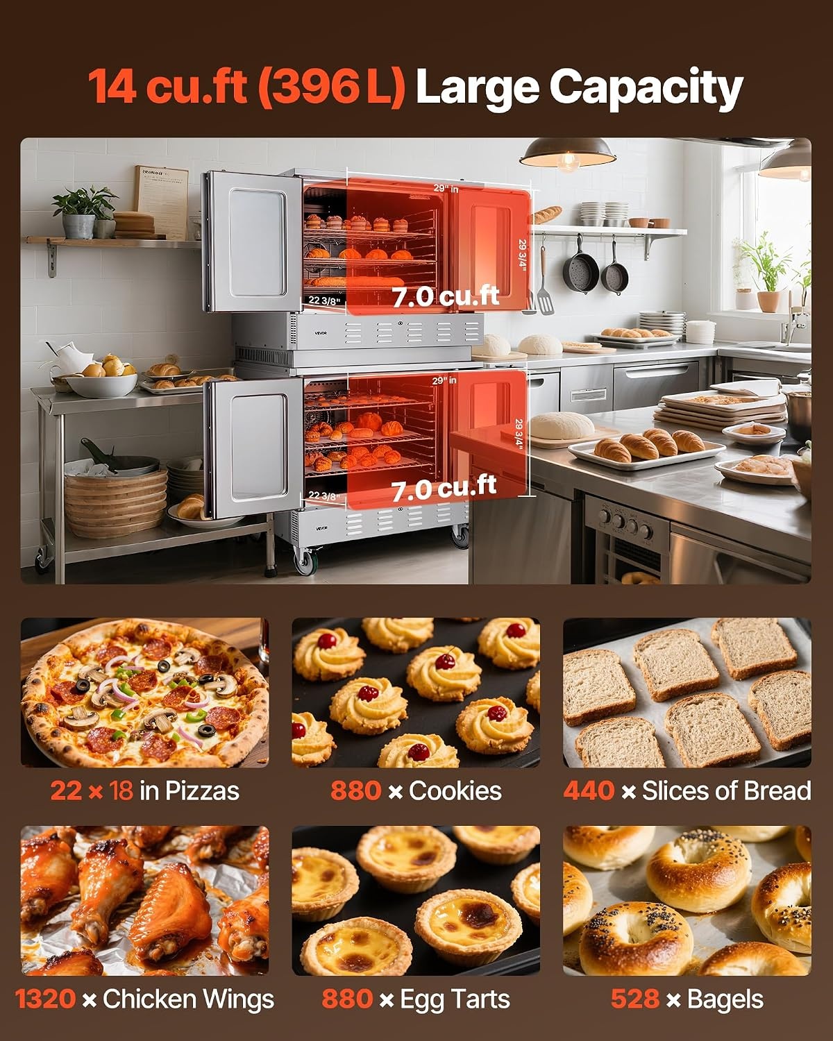 image:imageVEVOR Commercial Convection Oven 21L19Qt QuarterSize Conventional Oven Countertop 1440W 3Tier Toaster wFront Glass Door Electric Baking Oven wTrays Wire Racks Clip Gloves 120V22Tier 396L