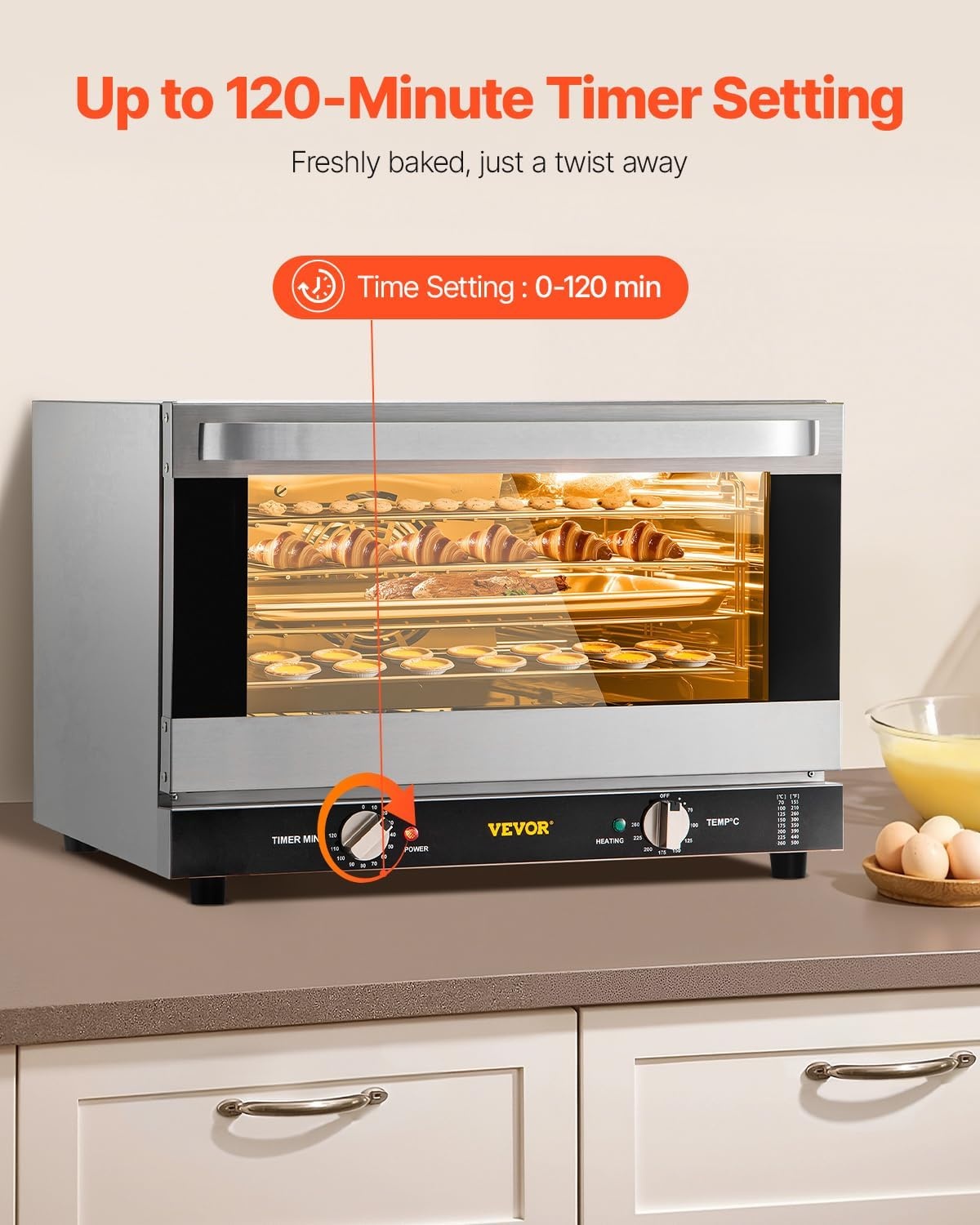 image:imageVEVOR Commercial Convection Oven 21L19Qt QuarterSize Conventional Oven Countertop 1440W 3Tier Toaster wFront Glass Door Electric Baking Oven wTrays Wire Racks Clip Gloves 120V4Tier 43Qt