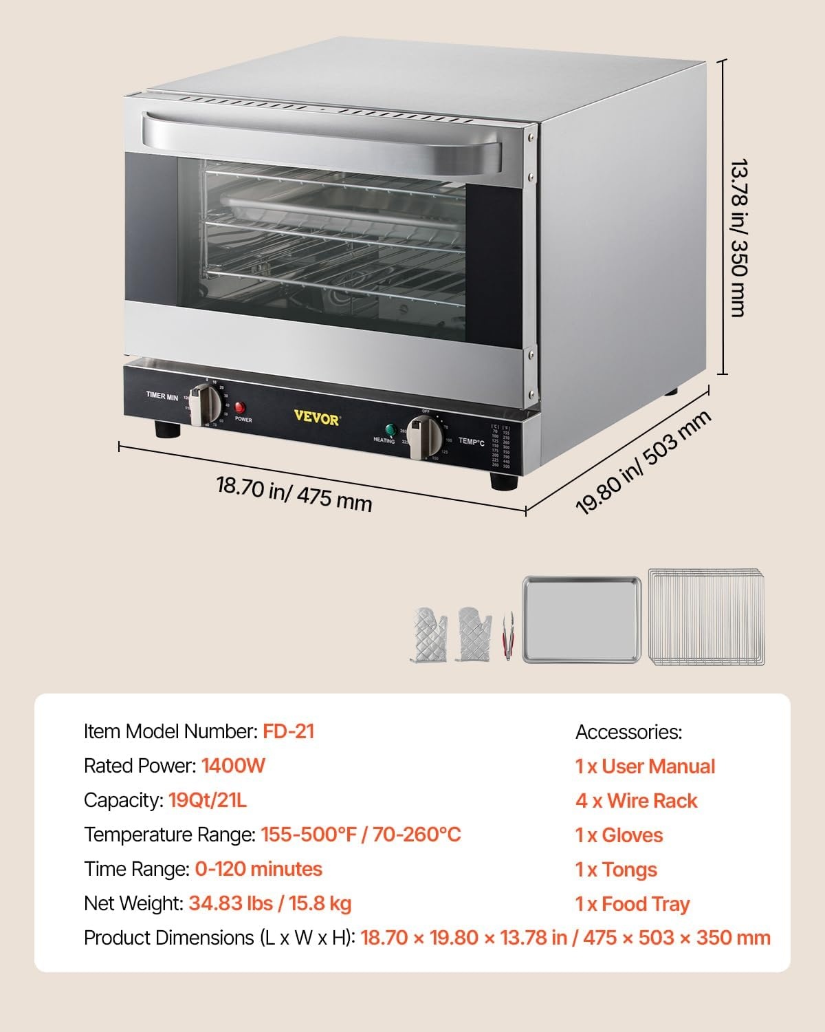 image:imageVEVOR Commercial Convection Oven 21L19Qt QuarterSize Conventional Oven Countertop 1440W 3Tier Toaster wFront Glass Door Electric Baking Oven wTrays Wire Racks Clip Gloves 120V3Tier 19Qt