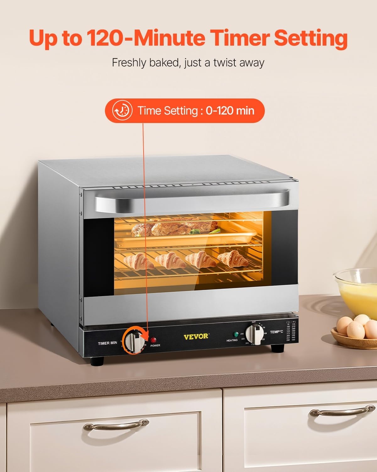 image:imageVEVOR Commercial Convection Oven 21L19Qt QuarterSize Conventional Oven Countertop 1440W 3Tier Toaster wFront Glass Door Electric Baking Oven wTrays Wire Racks Clip Gloves 120V3Tier 19Qt