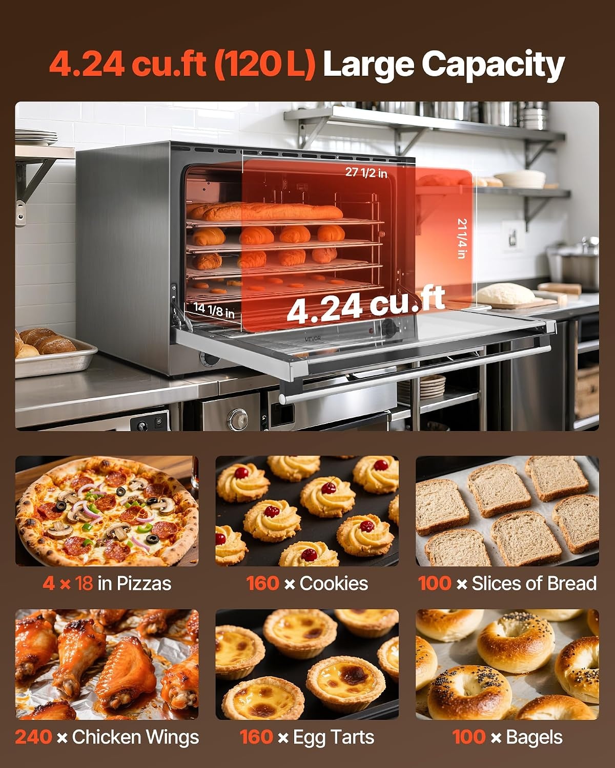 image:imageVEVOR Commercial Convection Oven 21L19Qt QuarterSize Conventional Oven Countertop 1440W 3Tier Toaster wFront Glass Door Electric Baking Oven wTrays Wire Racks Clip Gloves 120V5Tier 120L