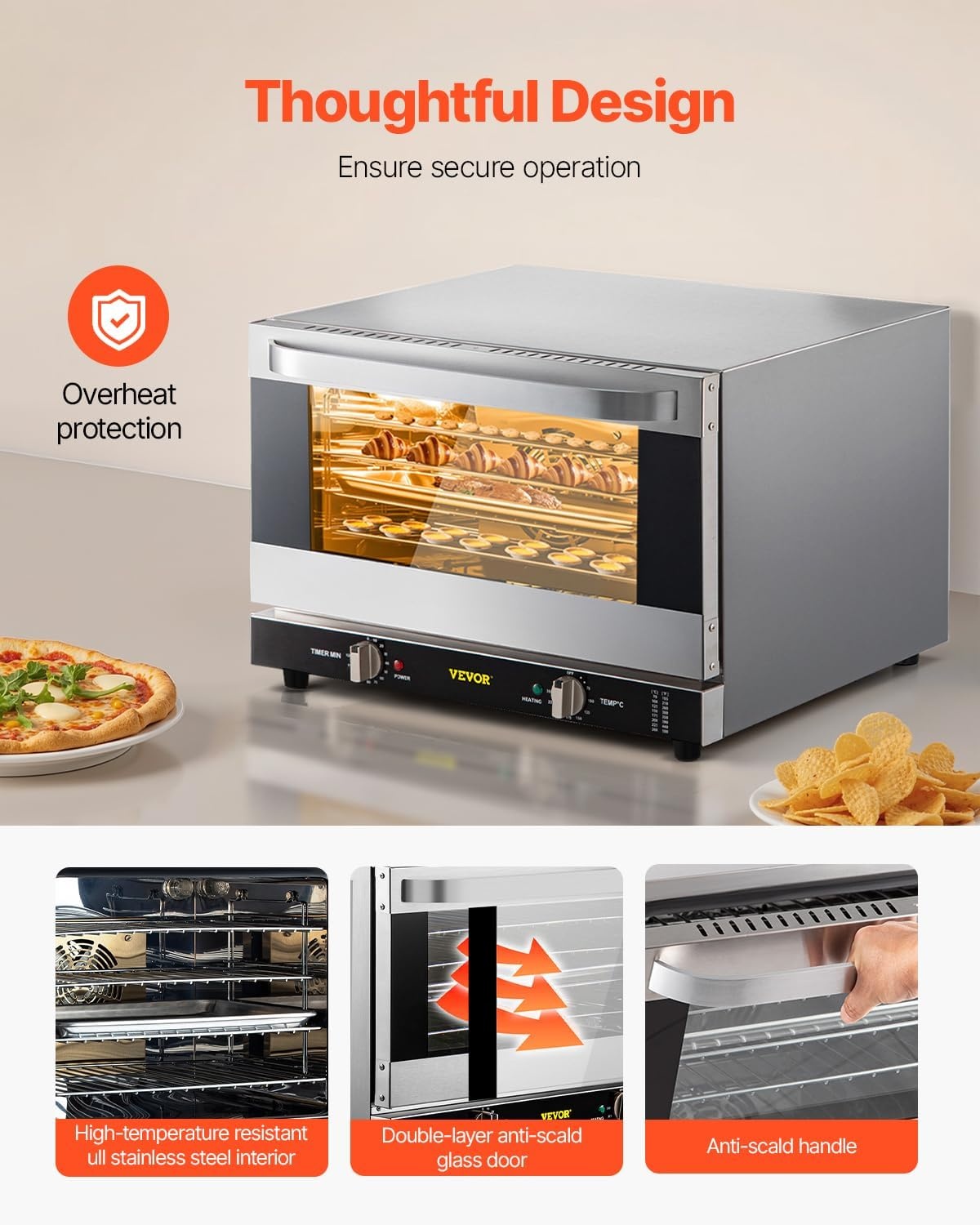image:imageVEVOR Commercial Convection Oven 21L19Qt QuarterSize Conventional Oven Countertop 1440W 3Tier Toaster wFront Glass Door Electric Baking Oven wTrays Wire Racks Clip Gloves 120V4Tier 43Qt