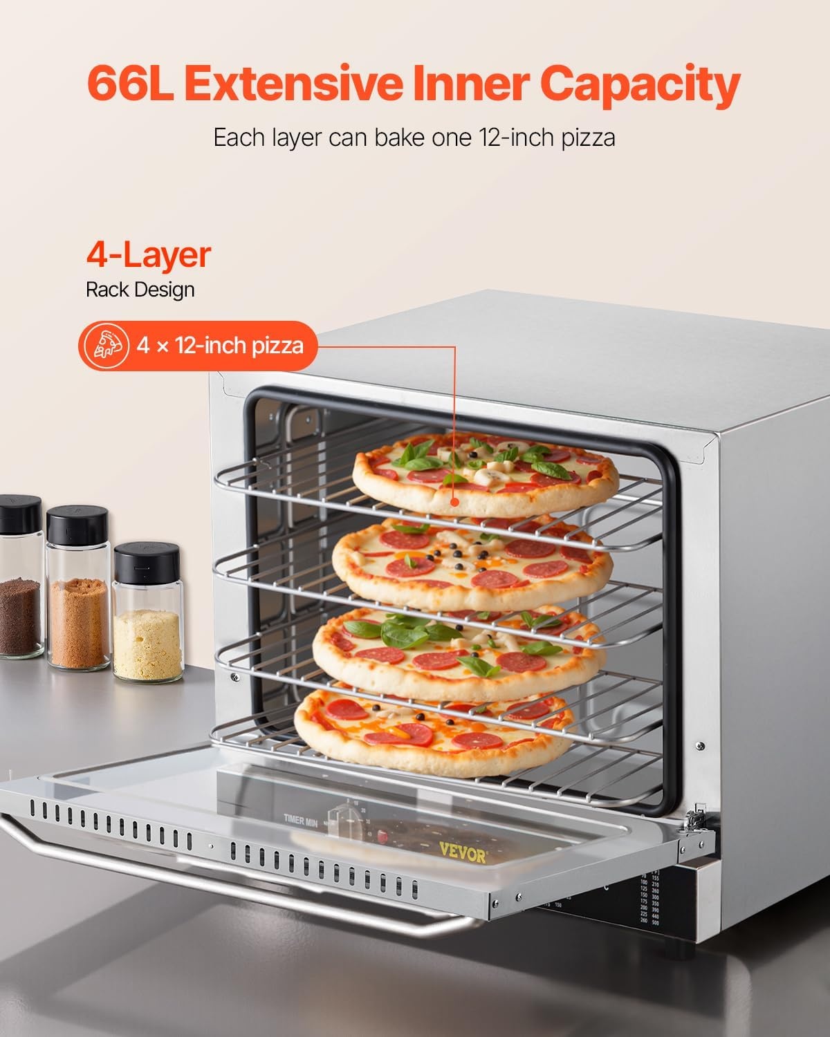 image:imageVEVOR Commercial Convection Oven 21L19Qt QuarterSize Conventional Oven Countertop 1440W 3Tier Toaster wFront Glass Door Electric Baking Oven wTrays Wire Racks Clip Gloves 120V4Tier 60Qt