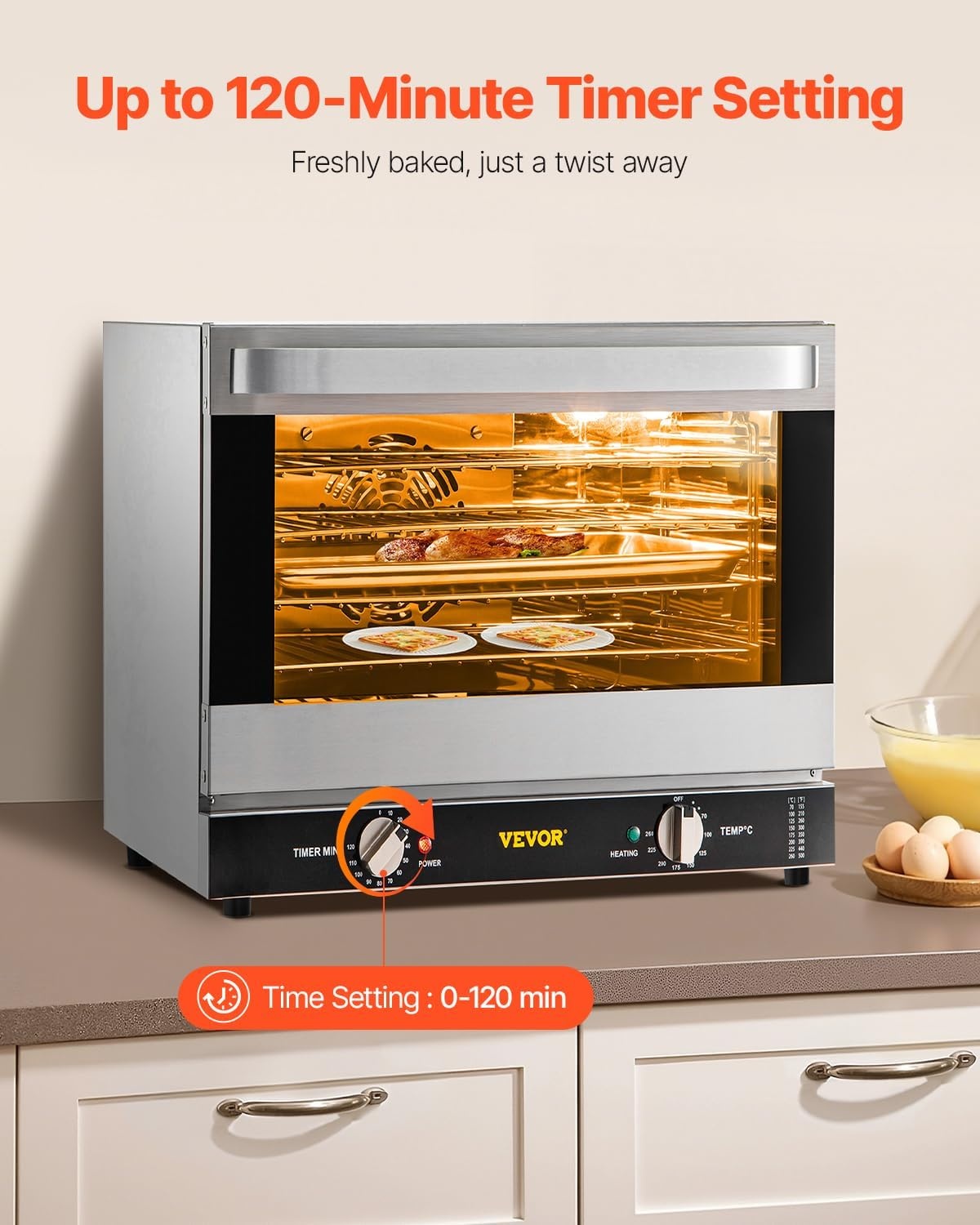image:imageVEVOR Commercial Convection Oven 21L19Qt QuarterSize Conventional Oven Countertop 1440W 3Tier Toaster wFront Glass Door Electric Baking Oven wTrays Wire Racks Clip Gloves 120V4Tier 60Qt