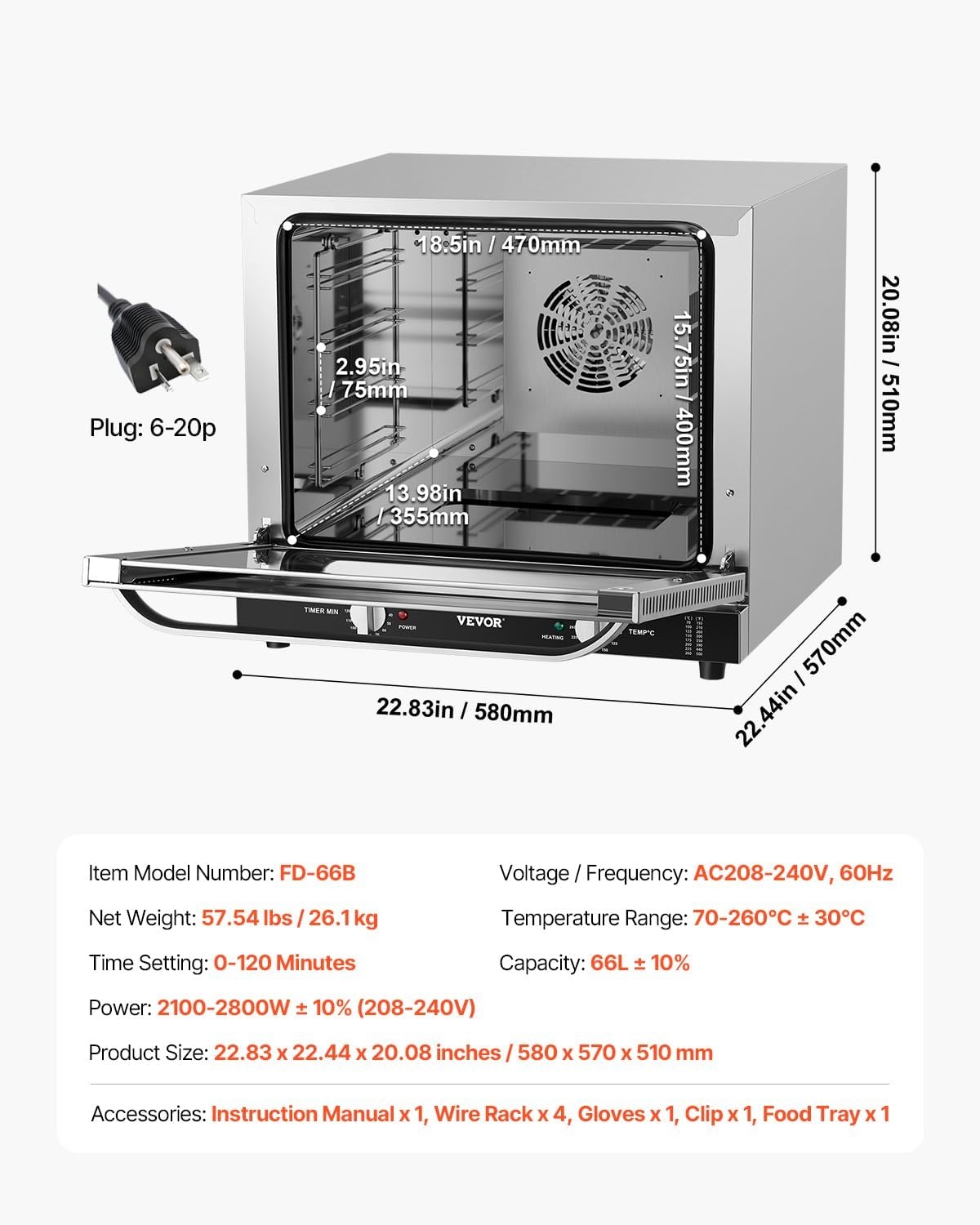 image:imageVEVOR Commercial Convection Oven 21L19Qt QuarterSize Conventional Oven Countertop 1440W 3Tier Toaster wFront Glass Door Electric Baking Oven wTrays Wire Racks Clip Gloves 120V4Tier 66L 2800W