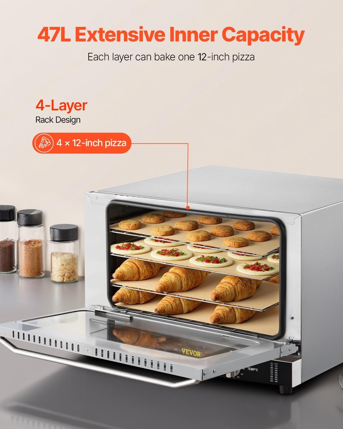 image:imageVEVOR Commercial Convection Oven 21L19Qt QuarterSize Conventional Oven Countertop 1440W 3Tier Toaster wFront Glass Door Electric Baking Oven wTrays Wire Racks Clip Gloves 120V4Tier 43Qt