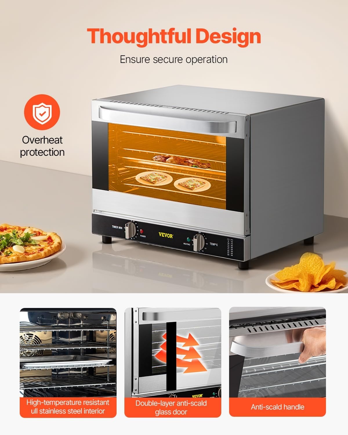 image:imageVEVOR Commercial Convection Oven 21L19Qt QuarterSize Conventional Oven Countertop 1440W 3Tier Toaster wFront Glass Door Electric Baking Oven wTrays Wire Racks Clip Gloves 120V4Tier 60Qt