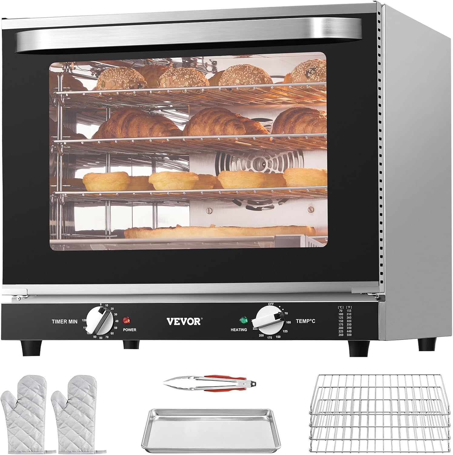 image:imageVEVOR Commercial Convection Oven 21L19Qt QuarterSize Conventional Oven Countertop 1440W 3Tier Toaster wFront Glass Door Electric Baking Oven wTrays Wire Racks Clip Gloves 120V4Tier 66L 2800W
