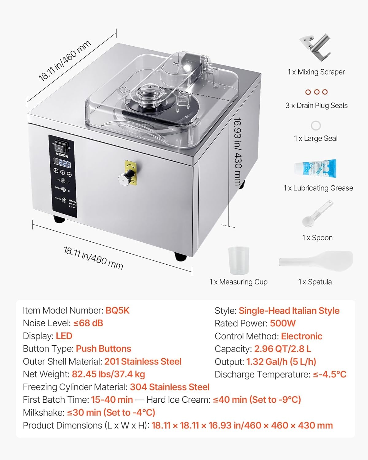 image:imageVEVOR Commercial Ice Cream Machine 1400W 2053 Gph Hard Serve Ice Cream Maker with LED Display Screen Auto ShutOff Timer One Flavors Perfect for Restaurants Snack bar Supermarkets296 Qt 500W