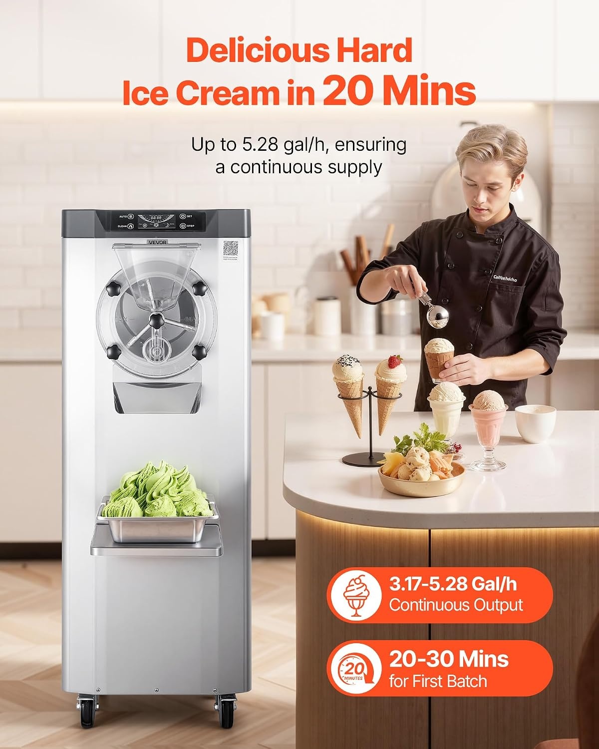 image:imageVEVOR Commercial Ice Cream Machine 1400W 2053 Gph Hard Serve Ice Cream Maker with LED Display Screen Auto ShutOff Timer One Flavors Perfect for Restaurants Snack bar Supermarkets1057 Qt 2400W