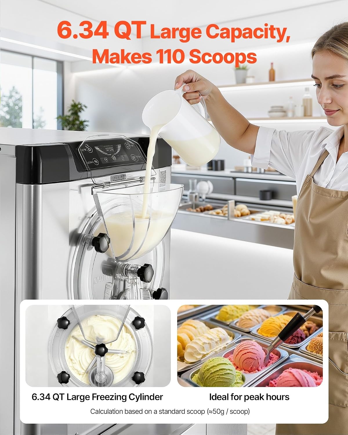 image:imageVEVOR Commercial Ice Cream Machine 1400W 2053 Gph Hard Serve Ice Cream Maker with LED Display Screen Auto ShutOff Timer One Flavors Perfect for Restaurants Snack bar Supermarkets634 Qt 2000W