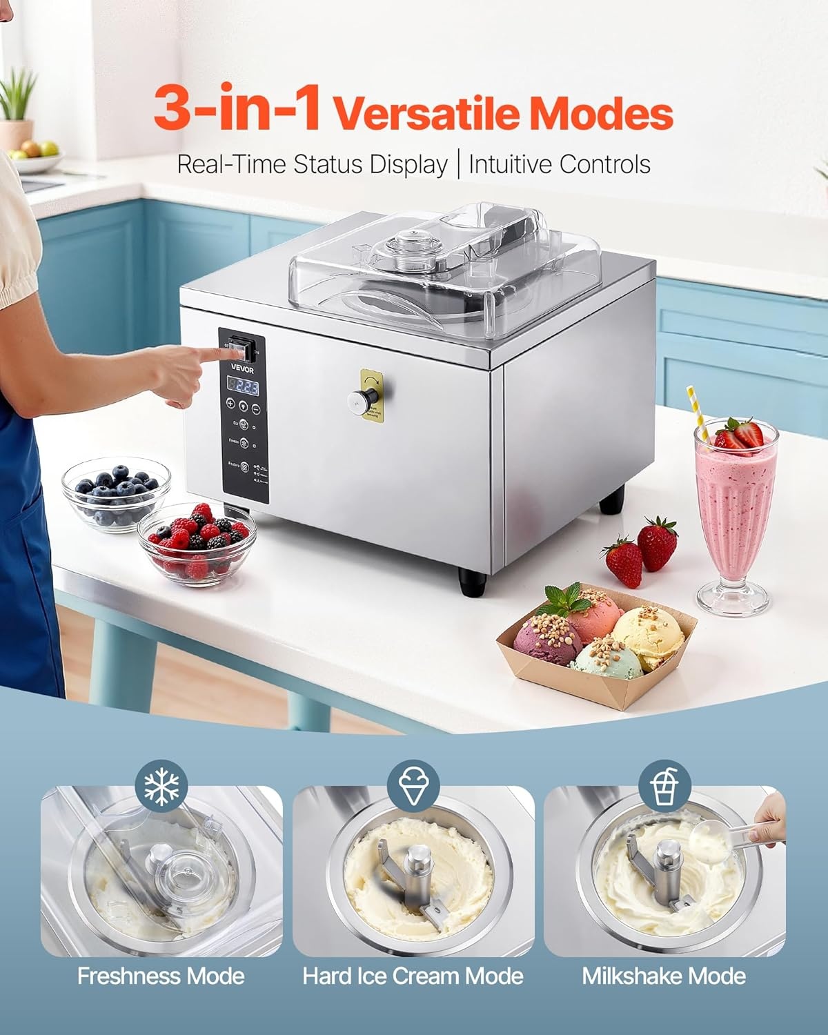 image:imageVEVOR Commercial Ice Cream Machine 1400W 2053 Gph Hard Serve Ice Cream Maker with LED Display Screen Auto ShutOff Timer One Flavors Perfect for Restaurants Snack bar Supermarkets296 Qt 500W