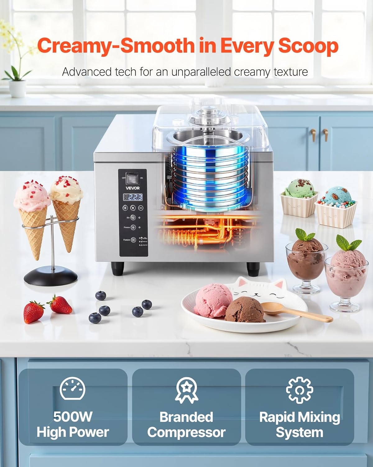 image:imageVEVOR Commercial Ice Cream Machine 1400W 2053 Gph Hard Serve Ice Cream Maker with LED Display Screen Auto ShutOff Timer One Flavors Perfect for Restaurants Snack bar Supermarkets296 Qt 500W