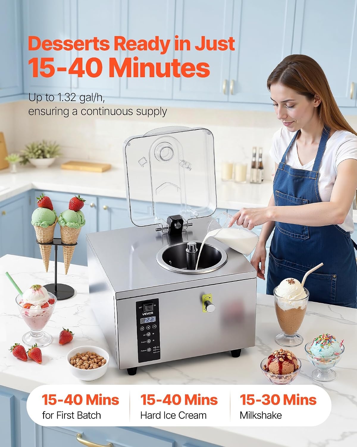 image:imageVEVOR Commercial Ice Cream Machine 1400W 2053 Gph Hard Serve Ice Cream Maker with LED Display Screen Auto ShutOff Timer One Flavors Perfect for Restaurants Snack bar Supermarkets296 Qt 500W