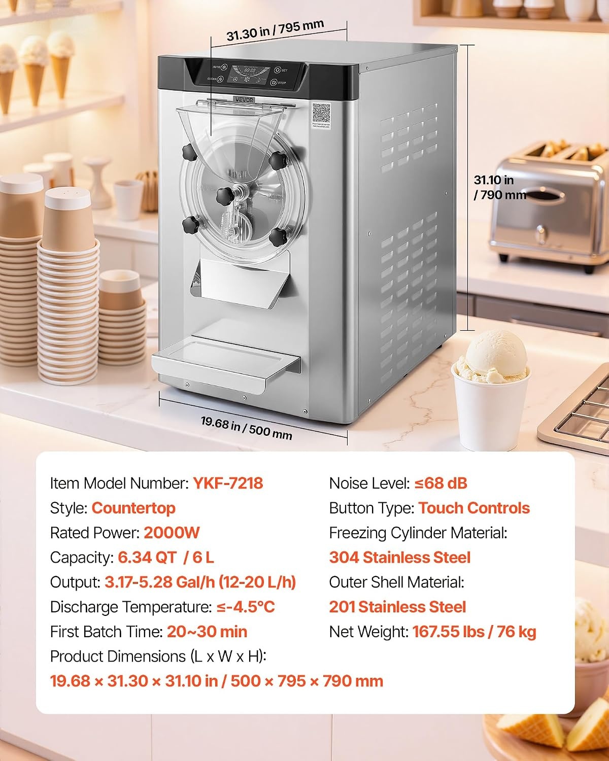 image:imageVEVOR Commercial Ice Cream Machine 1400W 2053 Gph Hard Serve Ice Cream Maker with LED Display Screen Auto ShutOff Timer One Flavors Perfect for Restaurants Snack bar Supermarkets634 Qt 2000W