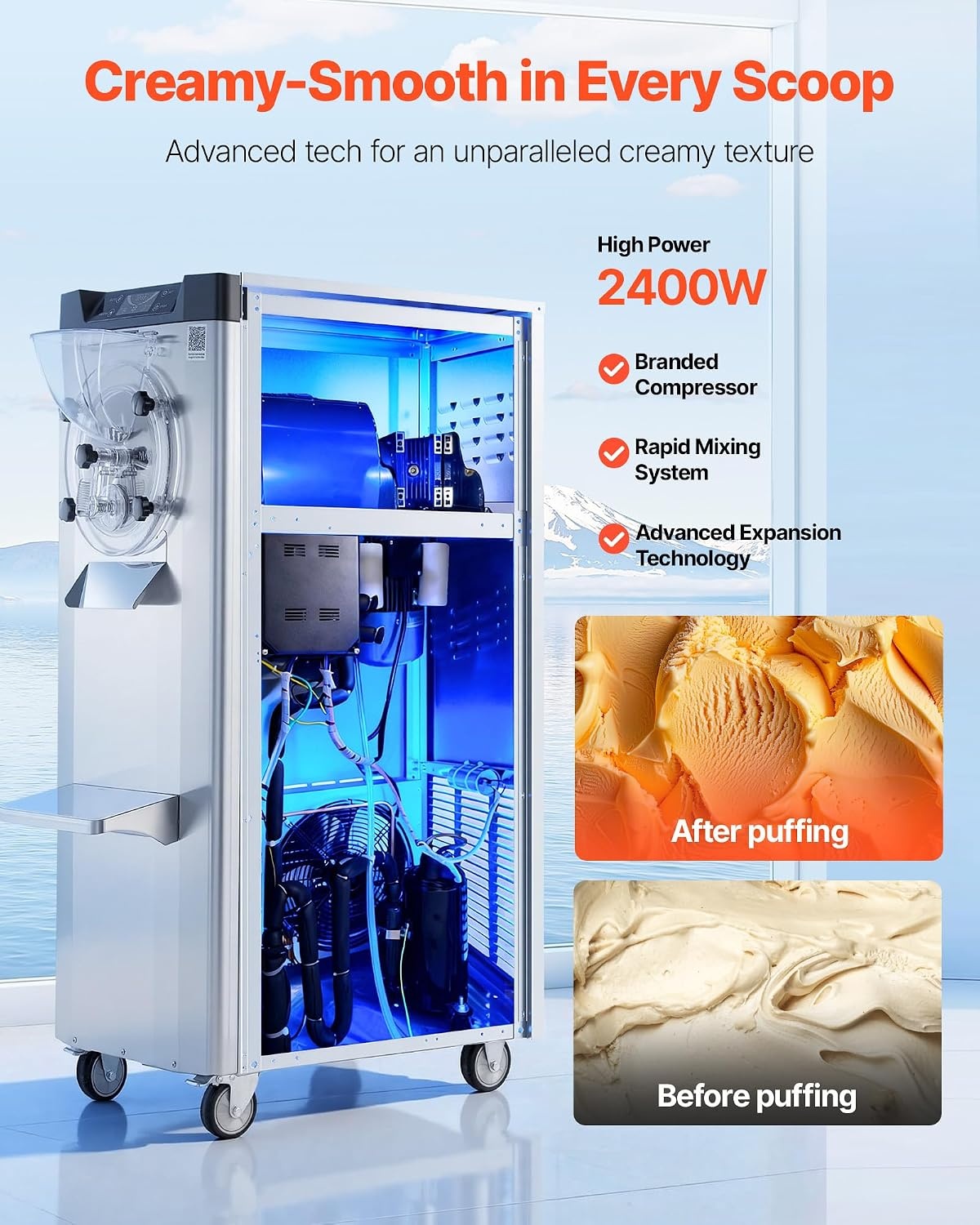 image:imageVEVOR Commercial Ice Cream Machine 1400W 2053 Gph Hard Serve Ice Cream Maker with LED Display Screen Auto ShutOff Timer One Flavors Perfect for Restaurants Snack bar Supermarkets1057 Qt 2400W