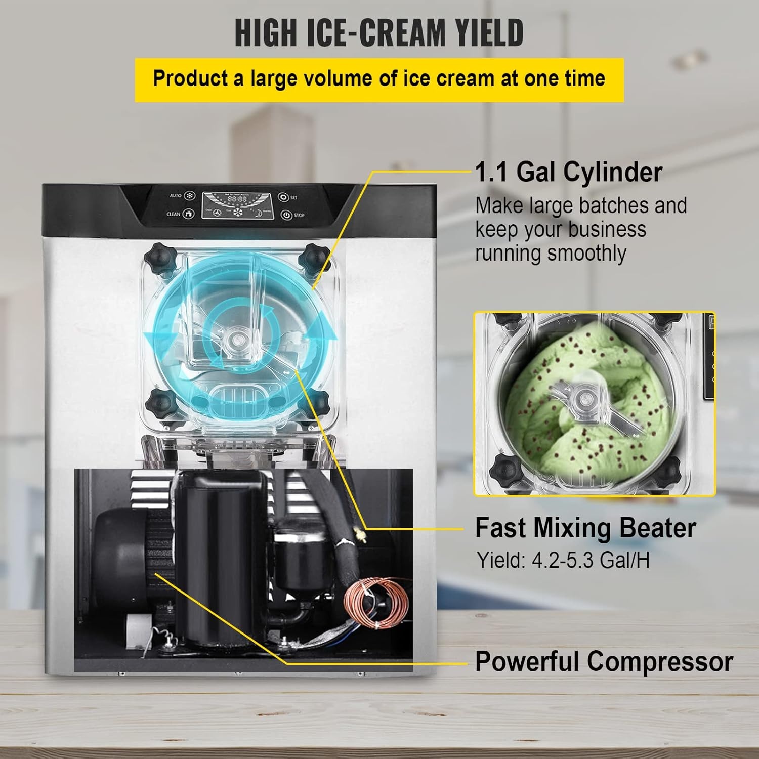 image:imageVEVOR Commercial Ice Cream Machine 1400W 2053 Gph Hard Serve Ice Cream Maker with LED Display Screen Auto ShutOff Timer One Flavors Perfect for Restaurants Snack bar Supermarkets44 Qt 1400W