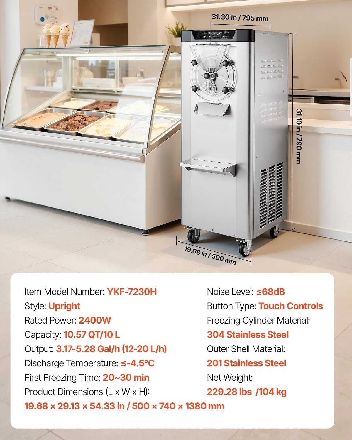 image:imageVEVOR Commercial Ice Cream Machine 1400W 2053 Gph Hard Serve Ice Cream Maker with LED Display Screen Auto ShutOff Timer One Flavors Perfect for Restaurants Snack bar Supermarkets1057 Qt 2400W