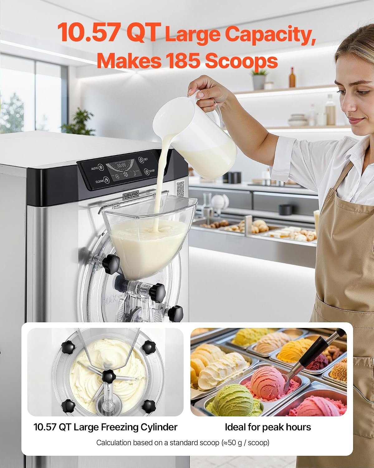image:imageVEVOR Commercial Ice Cream Machine 1400W 2053 Gph Hard Serve Ice Cream Maker with LED Display Screen Auto ShutOff Timer One Flavors Perfect for Restaurants Snack bar Supermarkets1057 Qt 2400W