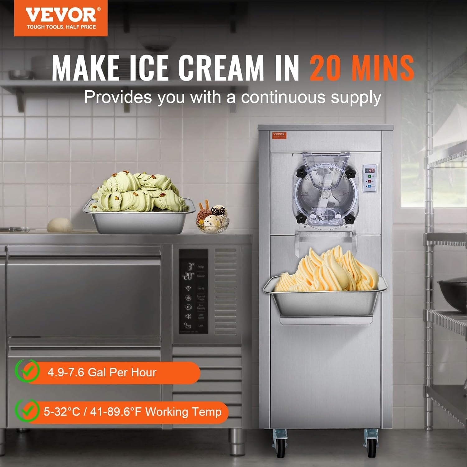 image:imageVEVOR Commercial Ice Cream Machine 1400W 2053 Gph Hard Serve Ice Cream Maker with LED Display Screen Auto ShutOff Timer One Flavors Perfect for Restaurants Snack bar Supermarkets634 Qt 1780W