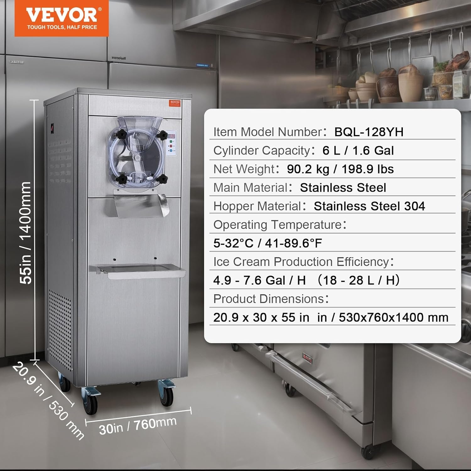 image:imageVEVOR Commercial Ice Cream Machine 1400W 2053 Gph Hard Serve Ice Cream Maker with LED Display Screen Auto ShutOff Timer One Flavors Perfect for Restaurants Snack bar Supermarkets634 Qt 1780W