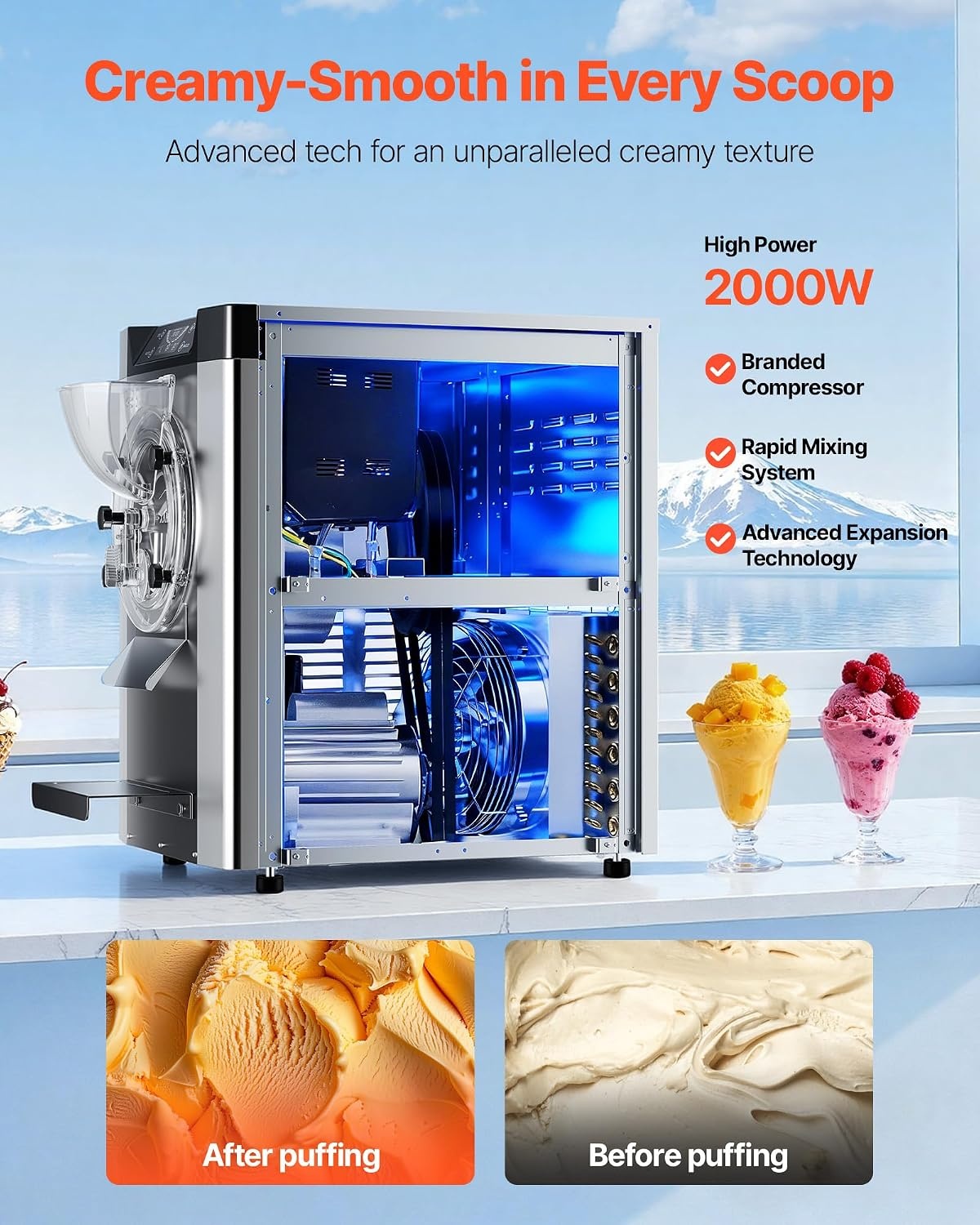 image:imageVEVOR Commercial Ice Cream Machine 1400W 2053 Gph Hard Serve Ice Cream Maker with LED Display Screen Auto ShutOff Timer One Flavors Perfect for Restaurants Snack bar Supermarkets634 Qt 2000W