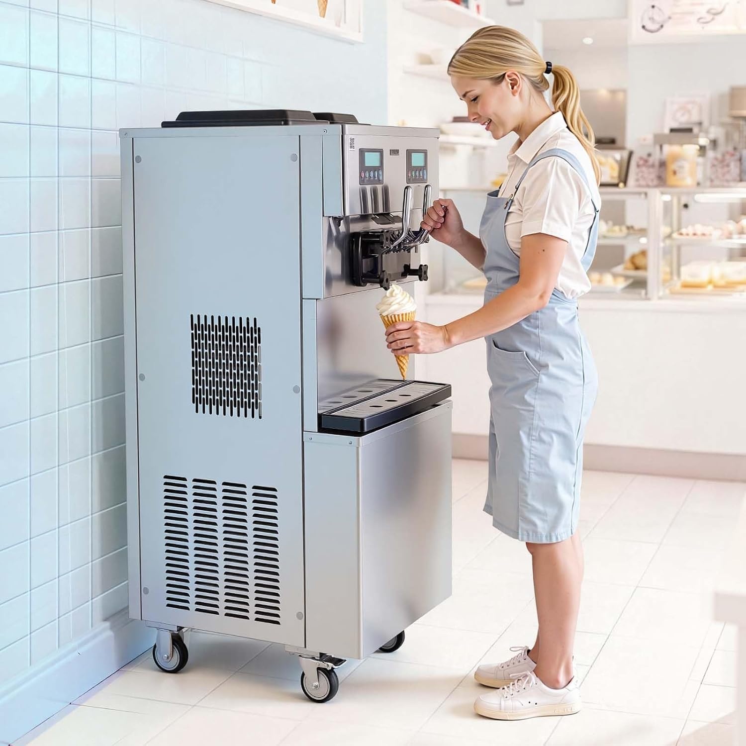 image:imageVEVOR Commercial Ice Cream Machine 3444LH Yield DualCompressor Freestanding Soft Serve Ice Cream Maker with 2 10L Hoppers amp 3 Flavors PreCooling Puffing LowMix Alert for Snack Dessert Shops