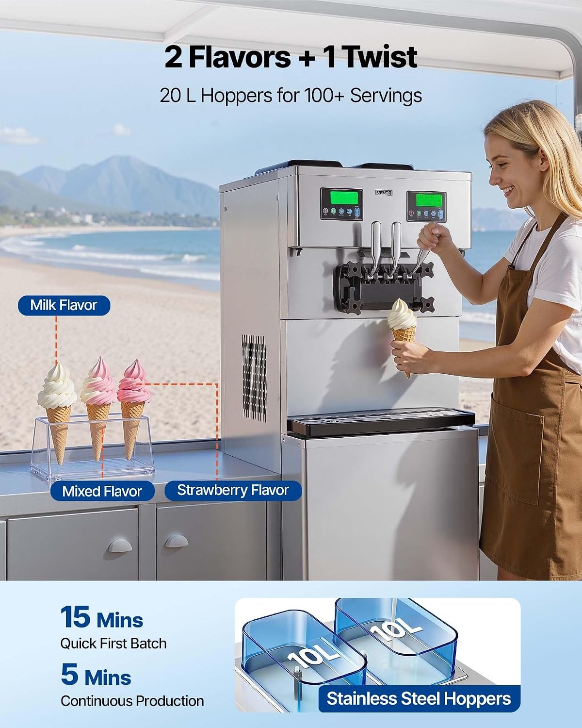 image:imageVEVOR Commercial Ice Cream Machine 3444LH Yield DualCompressor Freestanding Soft Serve Ice Cream Maker with 2 10L Hoppers amp 3 Flavors PreCooling Puffing LowMix Alert for Snack Dessert Shops