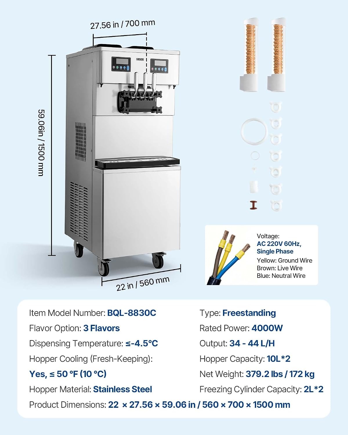 image:imageVEVOR Commercial Ice Cream Machine 3444LH Yield DualCompressor Freestanding Soft Serve Ice Cream Maker with 2 10L Hoppers amp 3 Flavors PreCooling Puffing LowMix Alert for Snack Dessert Shops