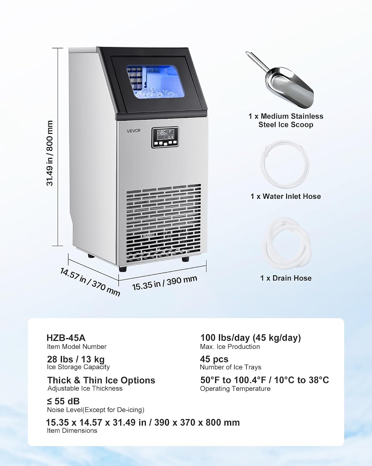 image:imageVEVOR Commercial Ice Maker Machine 100 lbs24h with 28Lbs Storage 45 Cubes per Cycle Stainless Steel Freestanding amp Under Counter Ice Maker with LED Display amp SelfCleaning for Home Bar Restaurant