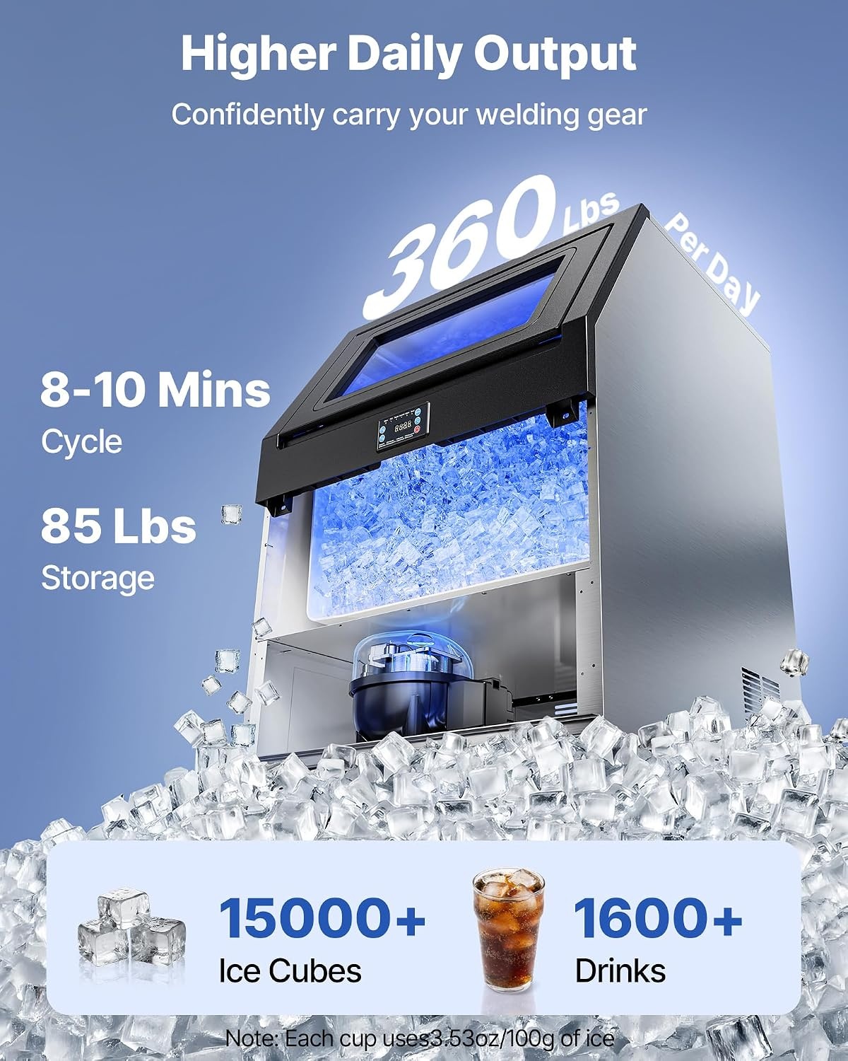 image:imageVEVOR Commercial Ice Maker Machine 120 lbs24h with 1630 lbs Storage Capacity BuiltinFreestandingUnder Counter Stainless Steel Ice Maker with LED Display amp SelfCleaning Home Bar Restaurant360Lbs24H