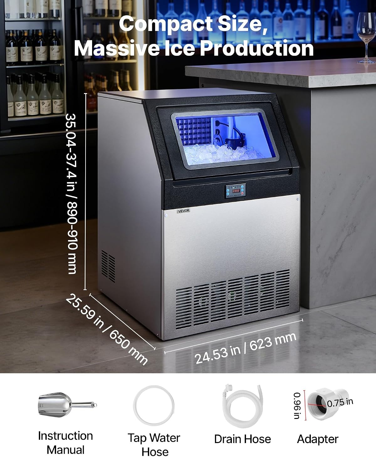 image:imageVEVOR Commercial Ice Maker Machine 120 lbs24h with 1630 lbs Storage Capacity BuiltinFreestandingUnder Counter Stainless Steel Ice Maker with LED Display amp SelfCleaning Home Bar Restaurant360Lbs24H