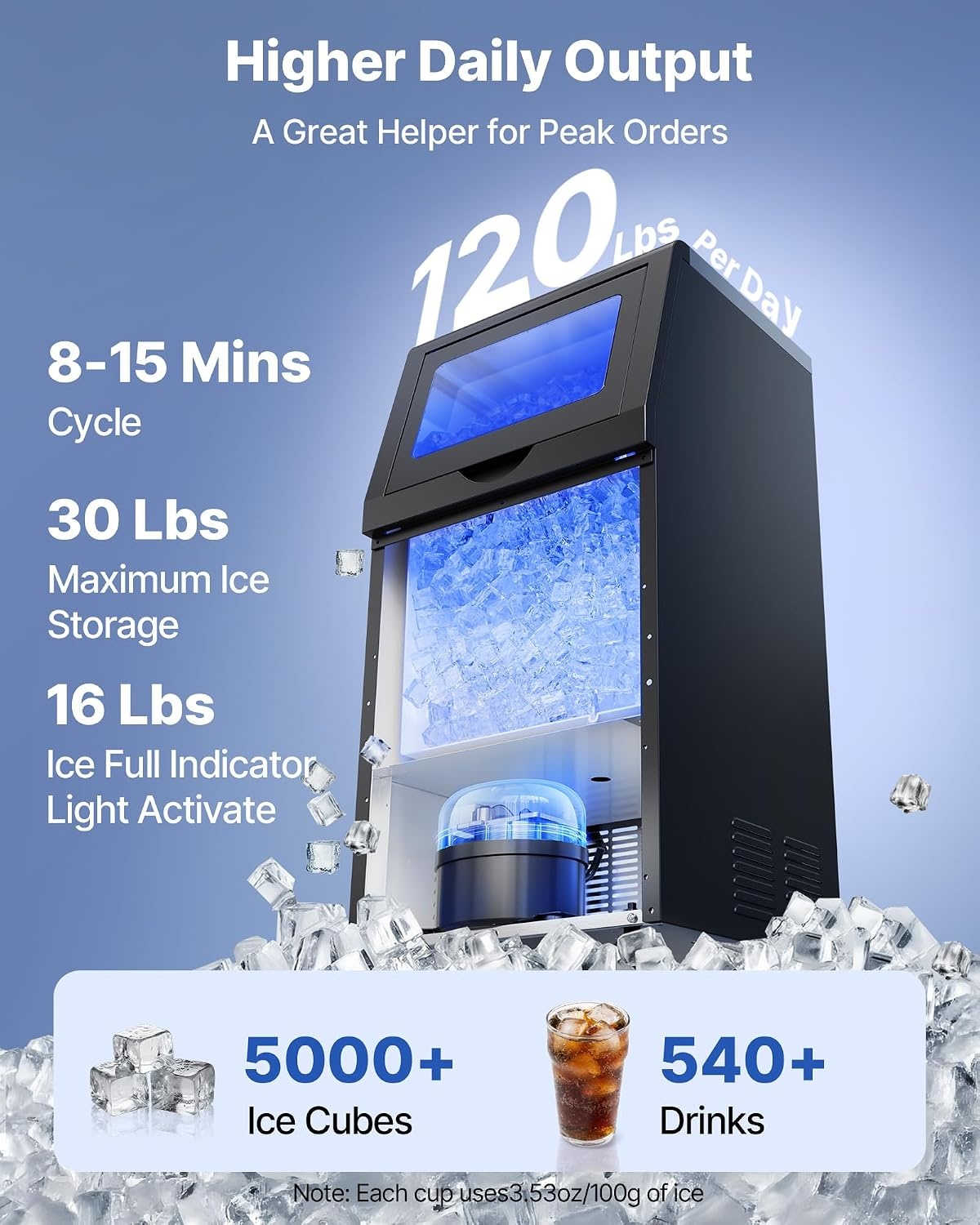 image:imageVEVOR Commercial Ice Maker Machine 120 lbs24h with 1630 lbs Storage Capacity BuiltinFreestandingUnder Counter Stainless Steel Ice Maker with LED Display amp SelfCleaning Home Bar Restaurant120lbs24HDual Water Inlet