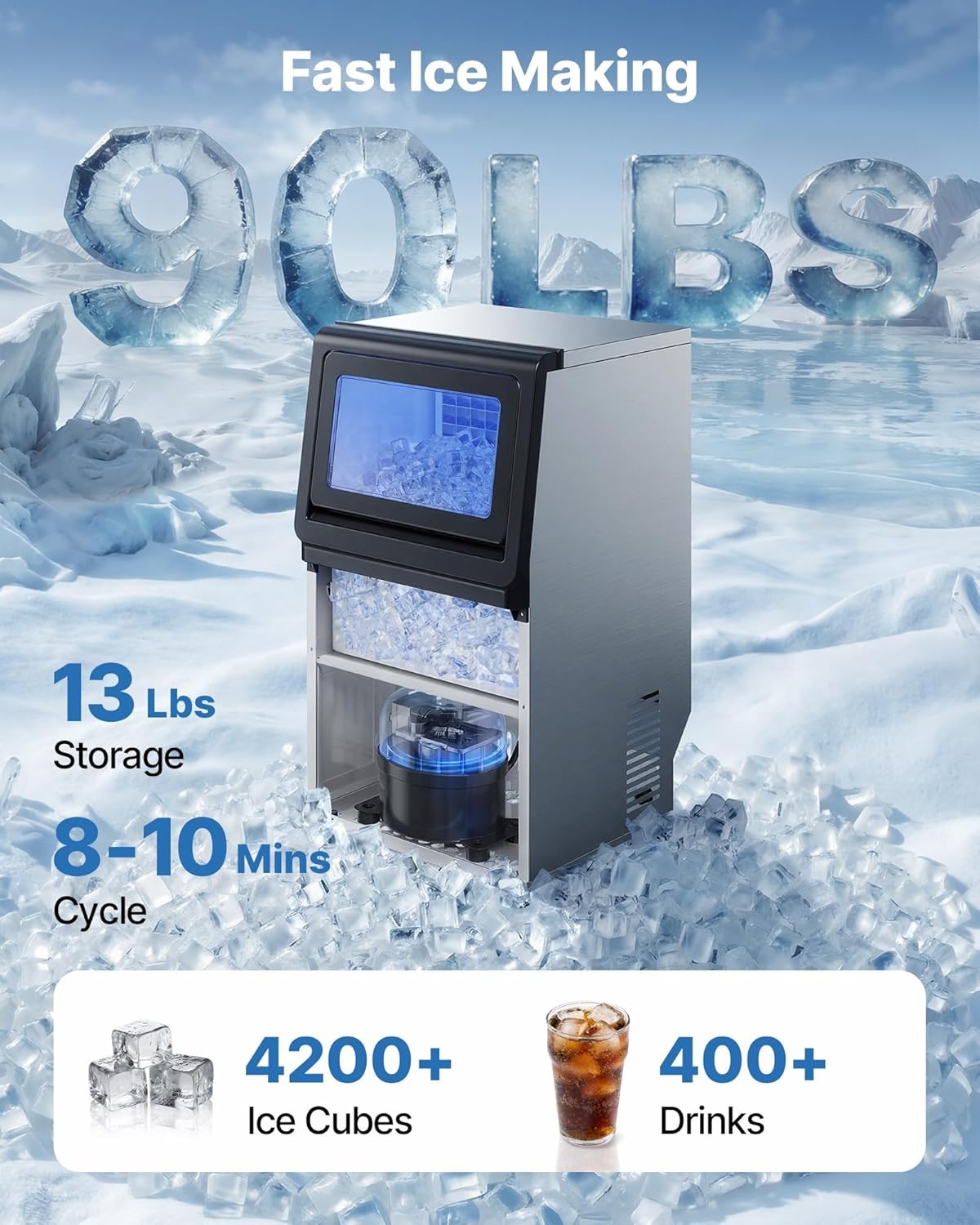 image:imageVEVOR Commercial Ice Maker Machine 120 lbs24h with 1630 lbs Storage Capacity BuiltinFreestandingUnder Counter Stainless Steel Ice Maker with LED Display amp SelfCleaning Home Bar Restaurant90lbs24HDual Water Inlet