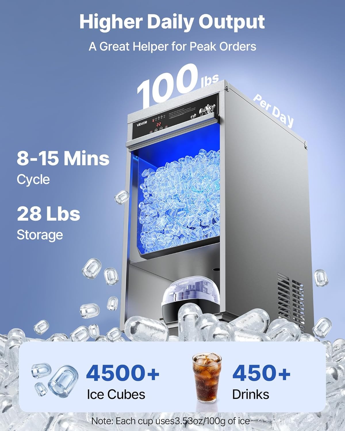 image:imageVEVOR Commercial Ice Maker Machine 120 lbs24h with 1630 lbs Storage Capacity BuiltinFreestandingUnder Counter Stainless Steel Ice Maker with LED Display amp SelfCleaning Home Bar Restaurant100lbs24HBullet Ice