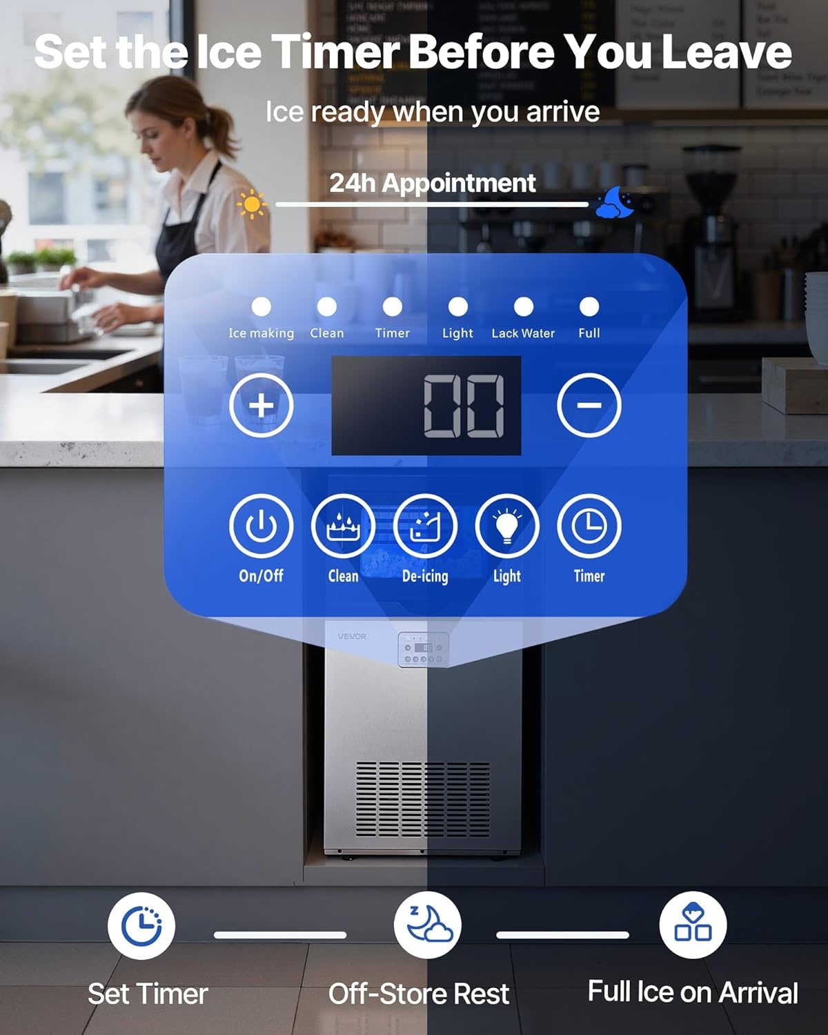 image:imageVEVOR Commercial Ice Maker Machine 120 lbs24h with 1630 lbs Storage Capacity BuiltinFreestandingUnder Counter Stainless Steel Ice Maker with LED Display amp SelfCleaning Home Bar Restaurant120lbs24HDual Water Inlet