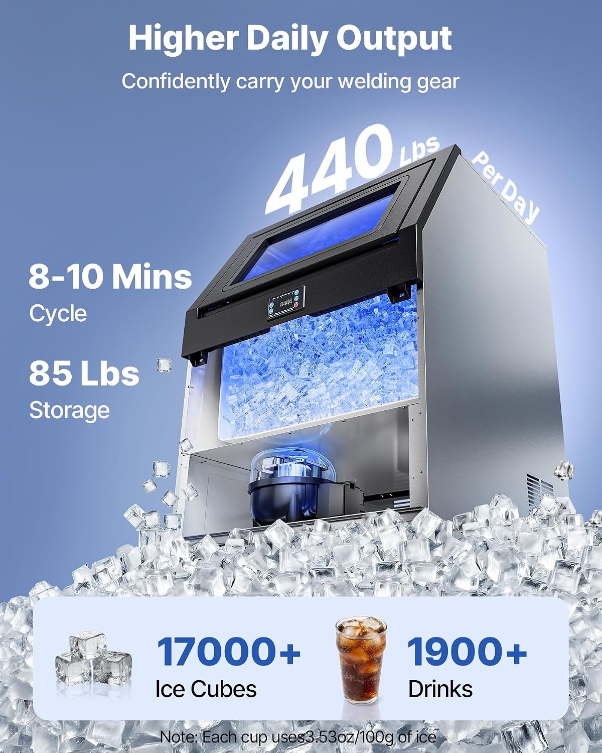image:imageVEVOR Commercial Ice Maker Machine 120 lbs24h with 1630 lbs Storage Capacity BuiltinFreestandingUnder Counter Stainless Steel Ice Maker with LED Display amp SelfCleaning Home Bar Restaurant440lbs24H