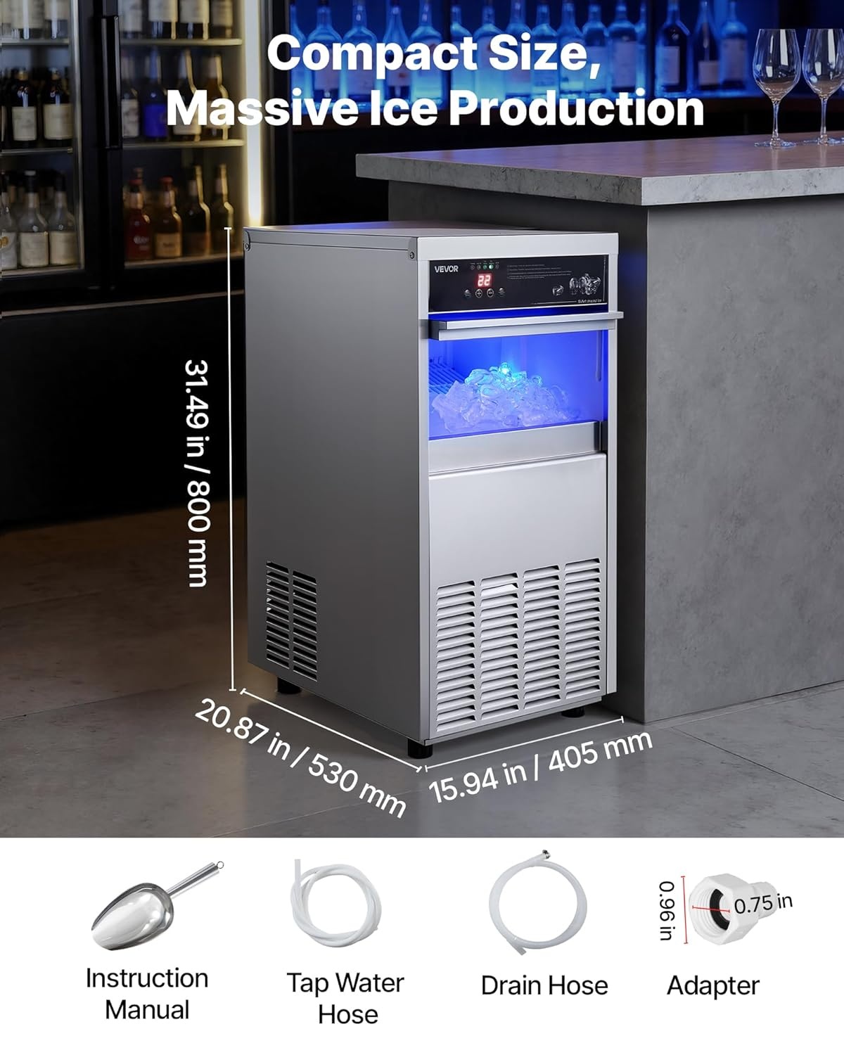 image:imageVEVOR Commercial Ice Maker Machine 120 lbs24h with 1630 lbs Storage Capacity BuiltinFreestandingUnder Counter Stainless Steel Ice Maker with LED Display amp SelfCleaning Home Bar Restaurant100lbs24HBullet Ice