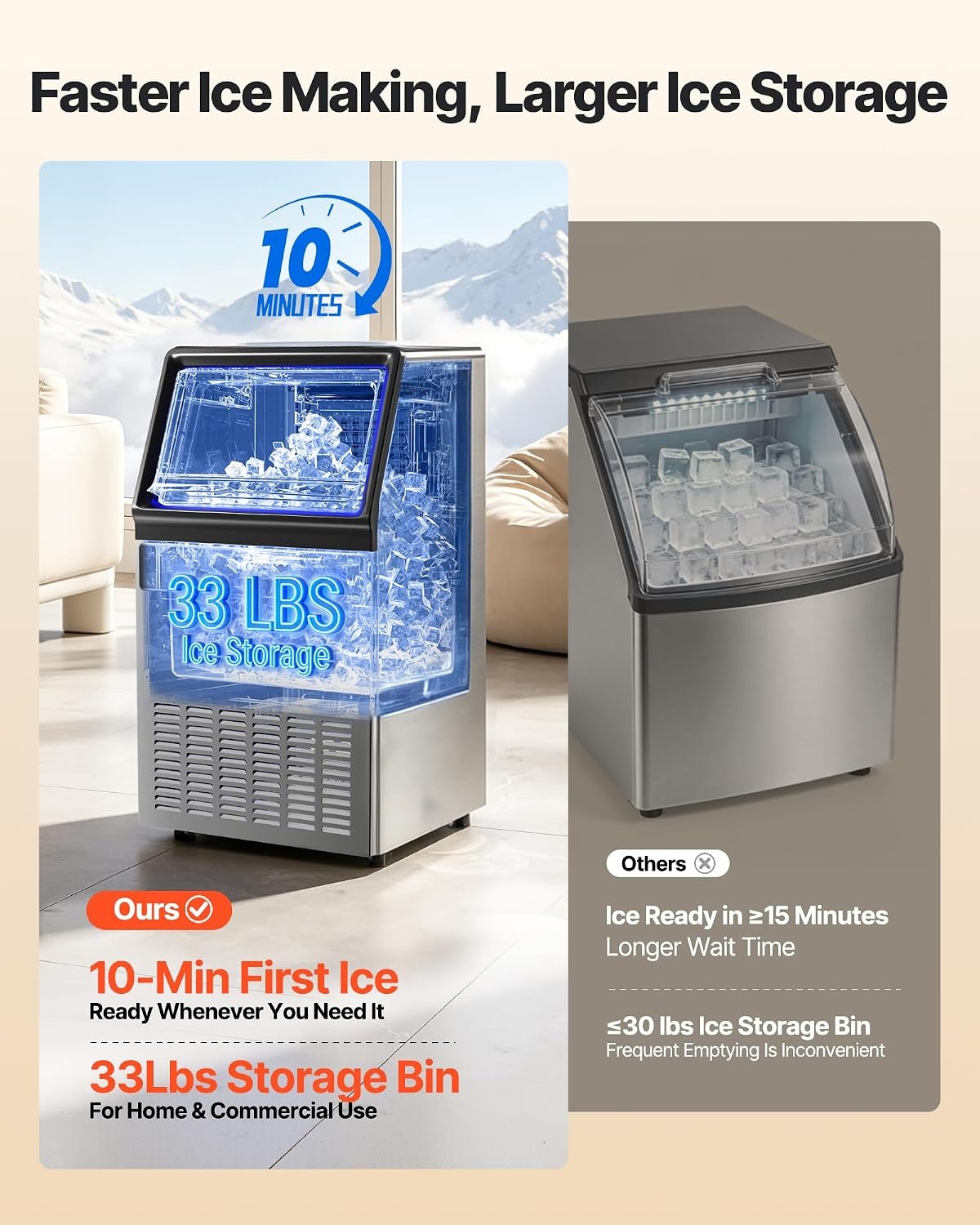 image:imageVEVOR Commercial Ice Maker Machine 120 lbs24h with 1630 lbs Storage Capacity BuiltinFreestandingUnder Counter Stainless Steel Ice Maker with LED Display amp SelfCleaning Home Bar Restaurant120lbs24H
