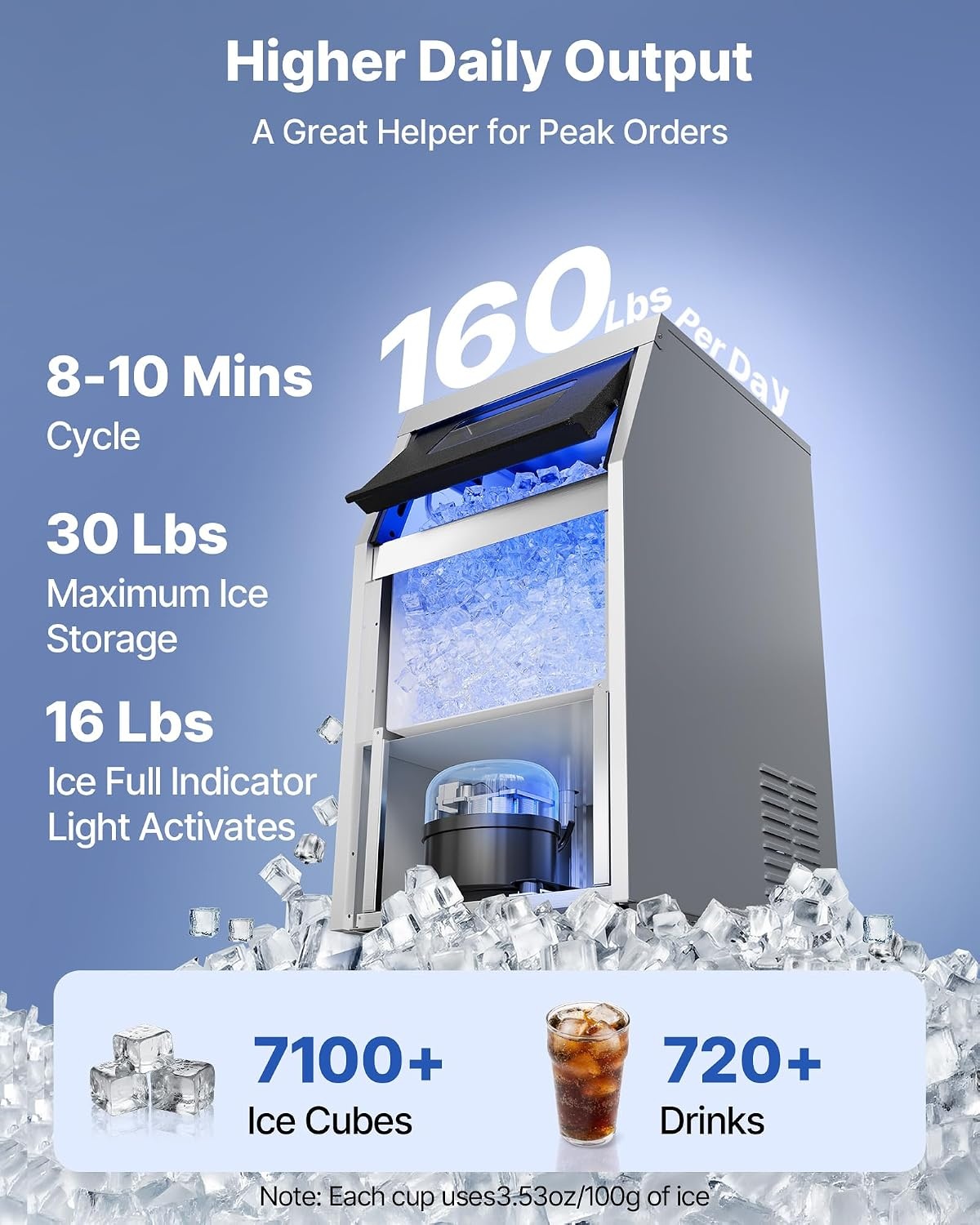 image:imageVEVOR Commercial Ice Maker Machine 120 lbs24h with 1630 lbs Storage Capacity BuiltinFreestandingUnder Counter Stainless Steel Ice Maker with LED Display amp SelfCleaning Home Bar Restaurant160lbs24H