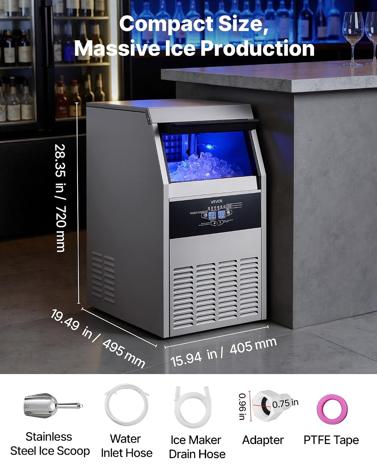 image:imageVEVOR Commercial Ice Maker Machine 120 lbs24h with 1630 lbs Storage Capacity BuiltinFreestandingUnder Counter Stainless Steel Ice Maker with LED Display amp SelfCleaning Home Bar Restaurant130Lbs24H