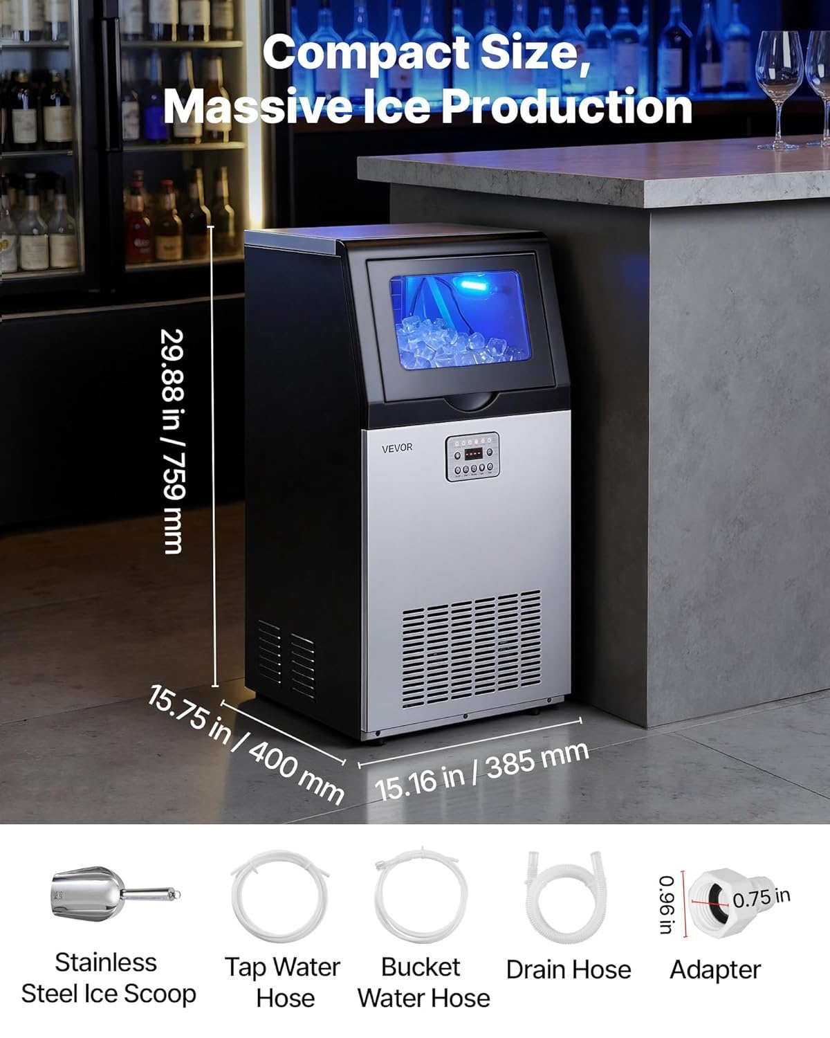 image:imageVEVOR Commercial Ice Maker Machine 120 lbs24h with 1630 lbs Storage Capacity BuiltinFreestandingUnder Counter Stainless Steel Ice Maker with LED Display amp SelfCleaning Home Bar Restaurant120lbs24HDual Water Inlet
