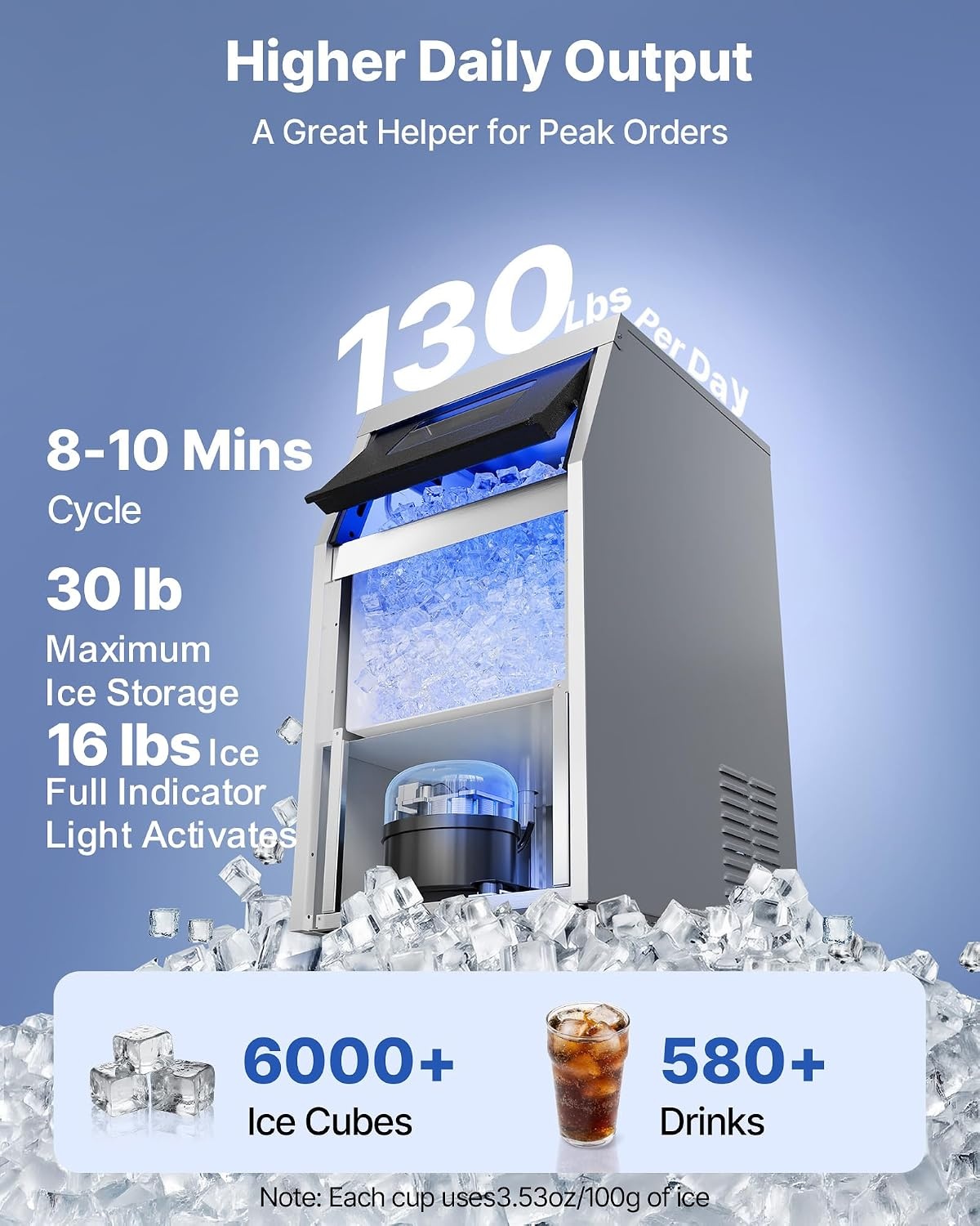 image:imageVEVOR Commercial Ice Maker Machine 130 lbs24h with 30 lbs Storage Capacity BuiltinFreestandingUnder Counter Stainless Steel Ice Maker with LED Display amp SelfCleaning for Home Bar Restaurant