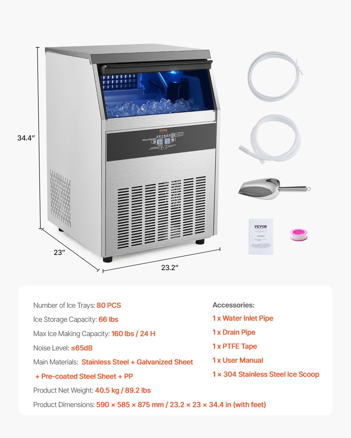 image:imageVEVOR Commercial Ice Maker Machine 160lbs24H Ice Maker Machine with 66lbs Storage Capacity 80 Ice Cubes in 15 Minutes LED Digital Display Freestanding SelfCleaning for Bar Office Restaurant
